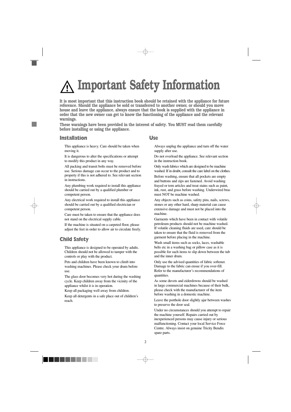 Important safety information, Installation, Child safety | Tricity Bendix AW 1400 W User Manual | Page 2 / 27