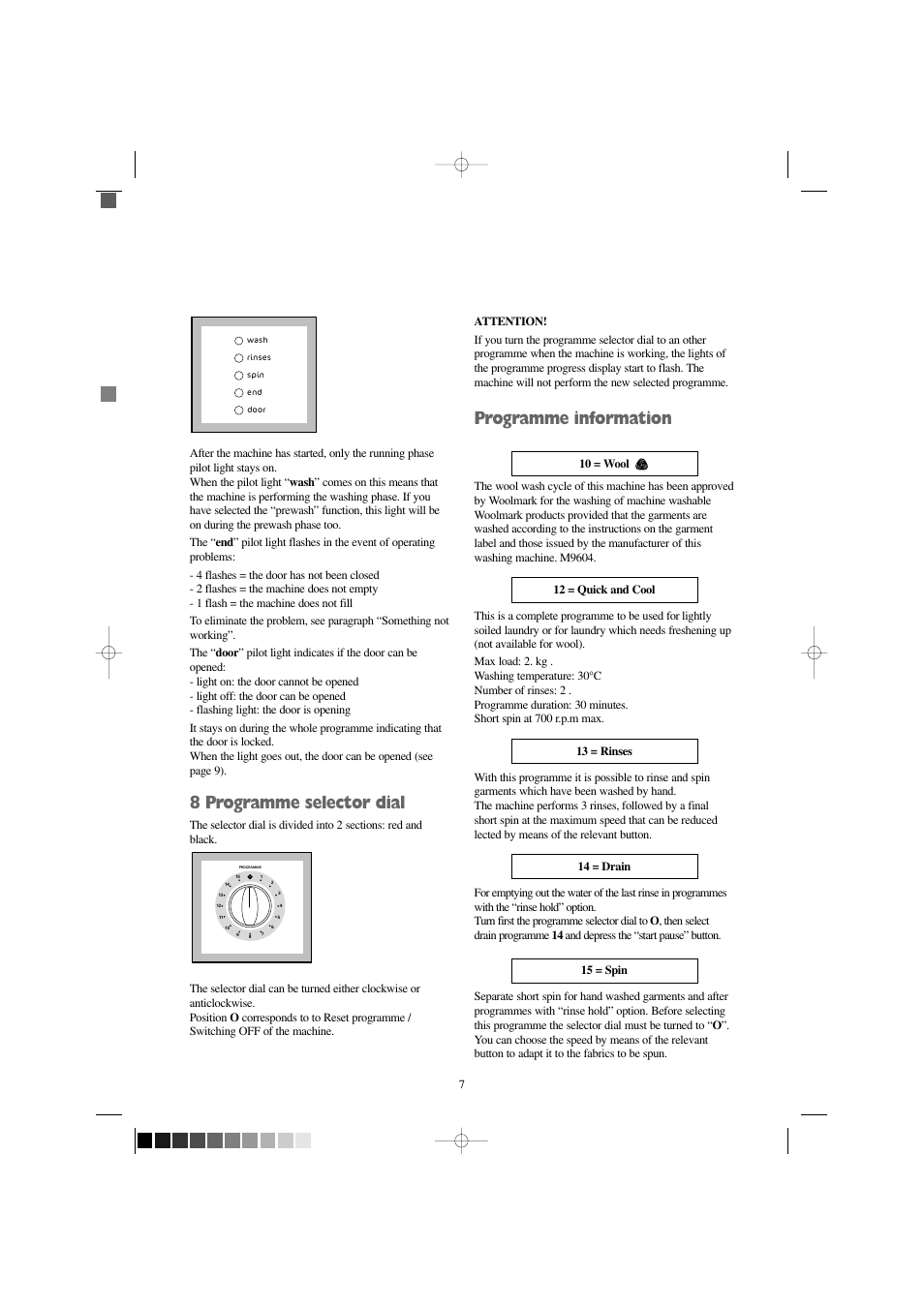 8 programme selector dial, Programme information | Tricity Bendix AW 1400 W User Manual | Page 7 / 27