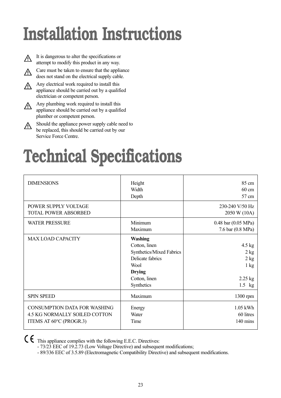 Installation instructions technical specifications | Tricity Bendix BWD 134 W User Manual | Page 23 / 28