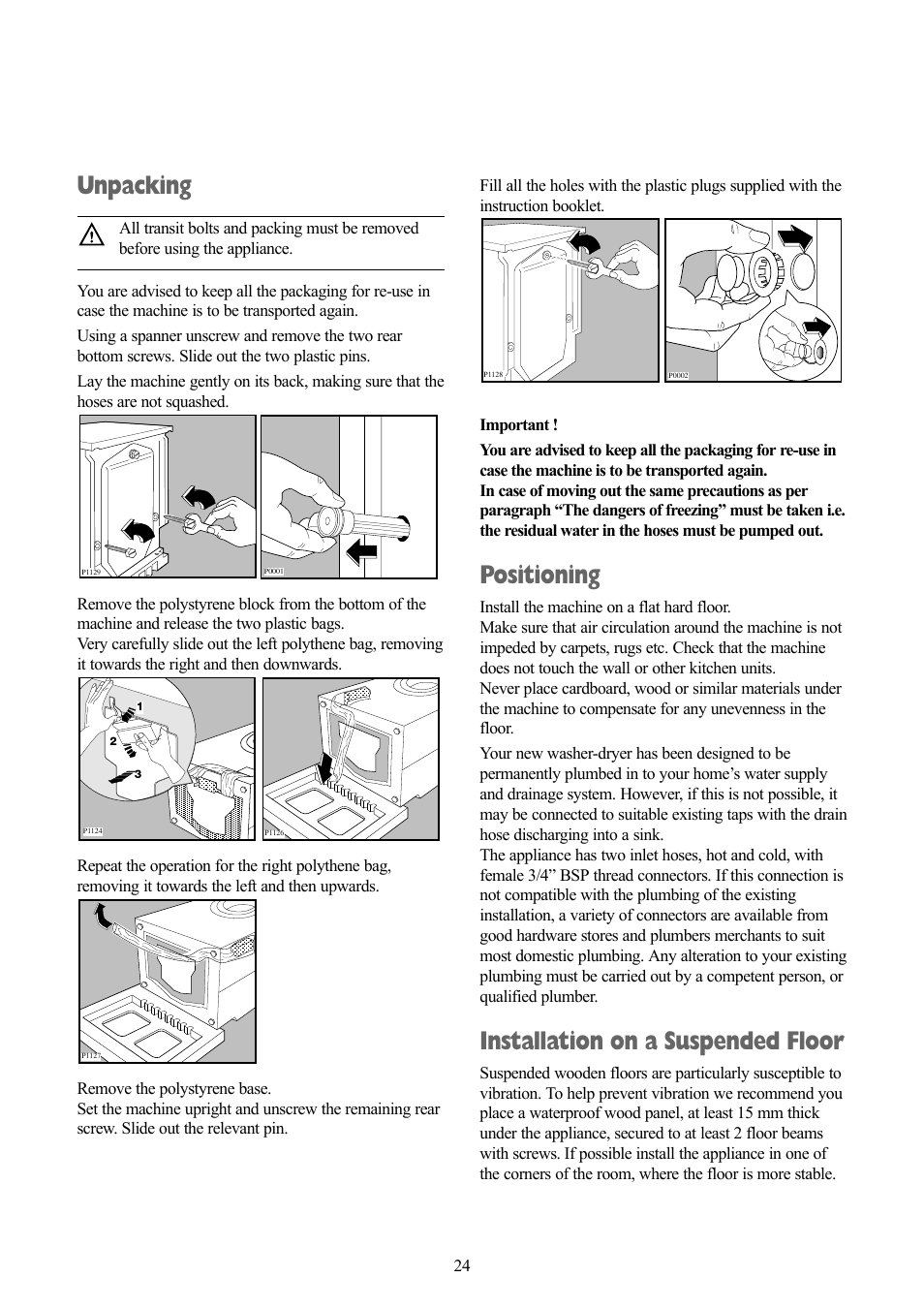 Unpacking, Positioning, Installation on a suspended floor | Tricity Bendix BWD 134 W User Manual | Page 24 / 28