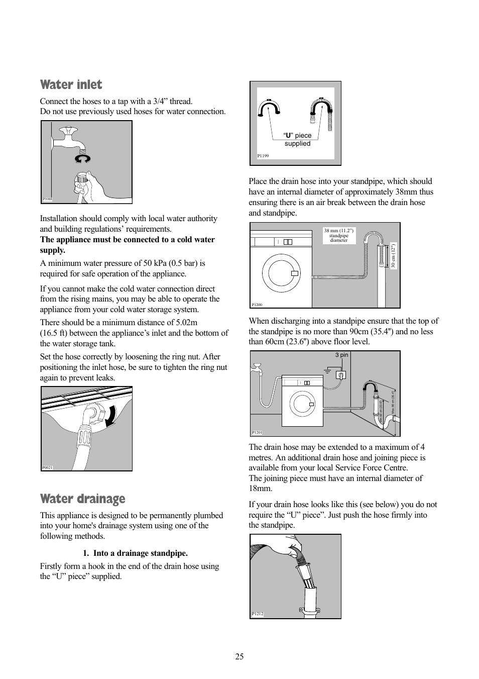 Water inlet, Water drainage | Tricity Bendix BWD 134 W User Manual | Page 25 / 28