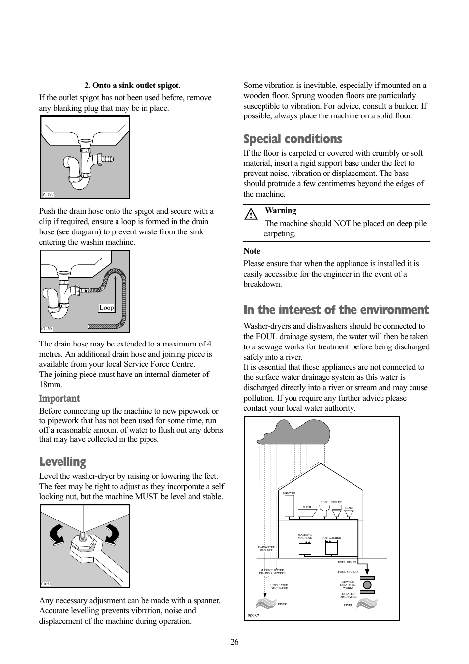 Levelling, Special conditions, Important | Tricity Bendix BWD 134 W User Manual | Page 26 / 28