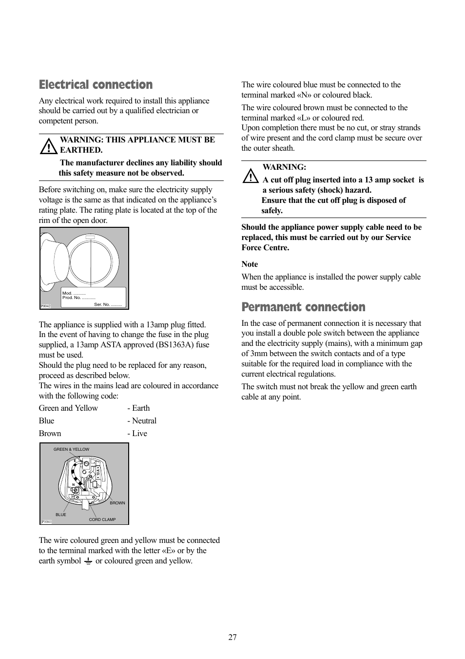 Electrical connection, Permanent connection | Tricity Bendix BWD 134 W User Manual | Page 27 / 28