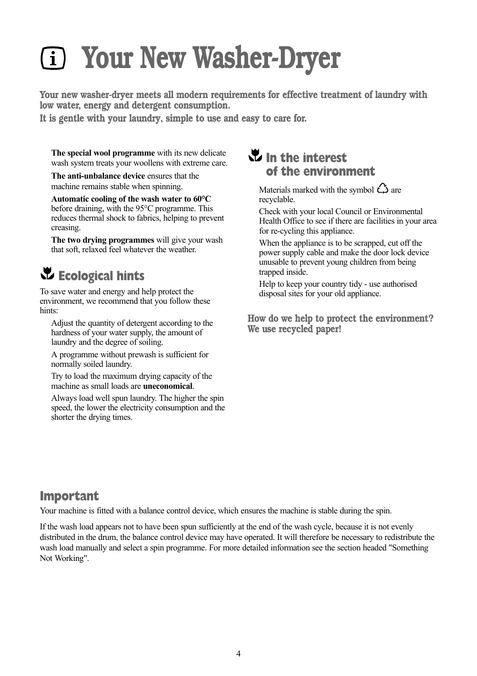 Your new washer-dryer, Ecological hints, Important | Tricity Bendix BWD 134 W User Manual | Page 4 / 28