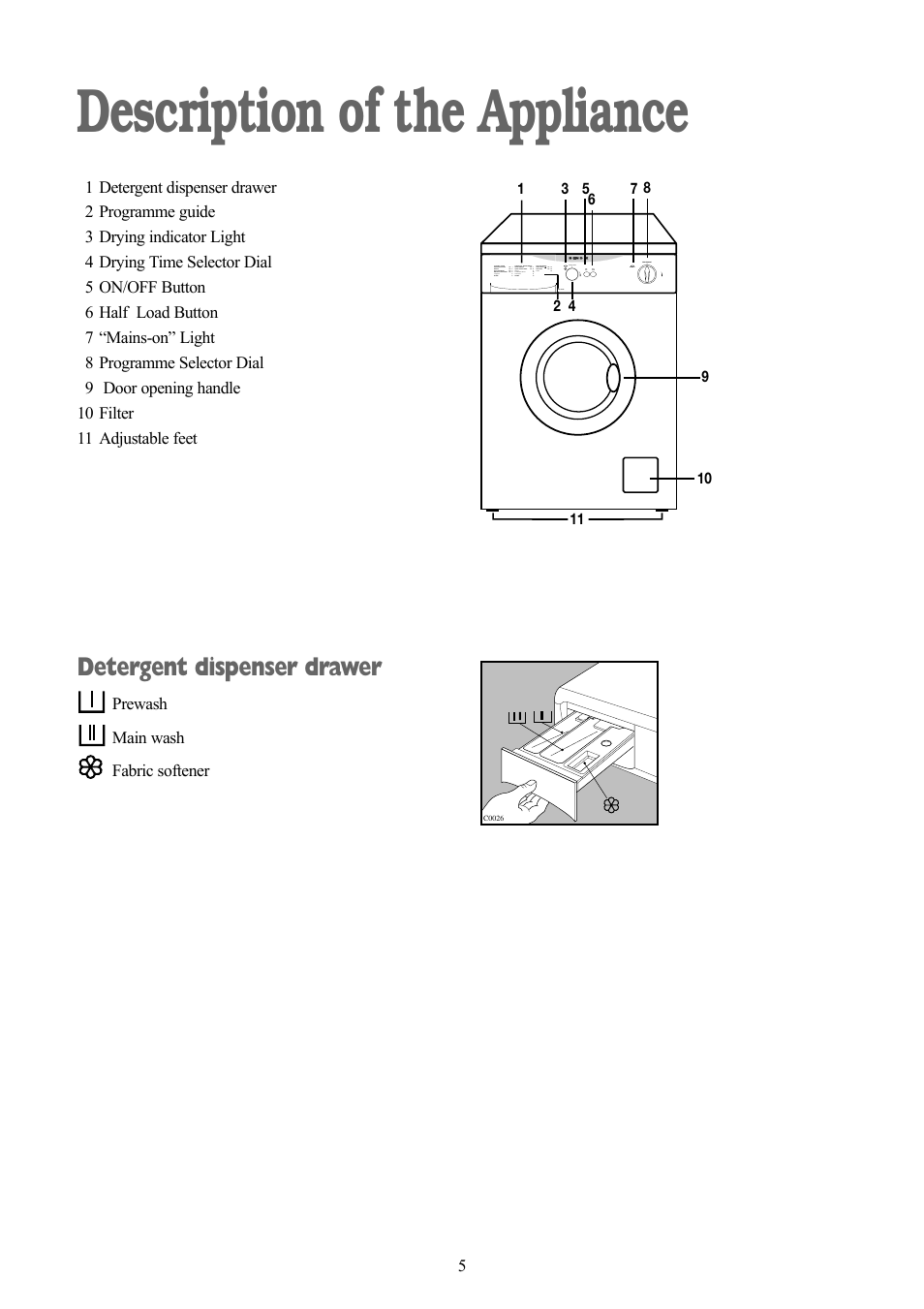 Description of the appliance, Detergent dispenser drawer | Tricity Bendix BWD 134 W User Manual | Page 5 / 28
