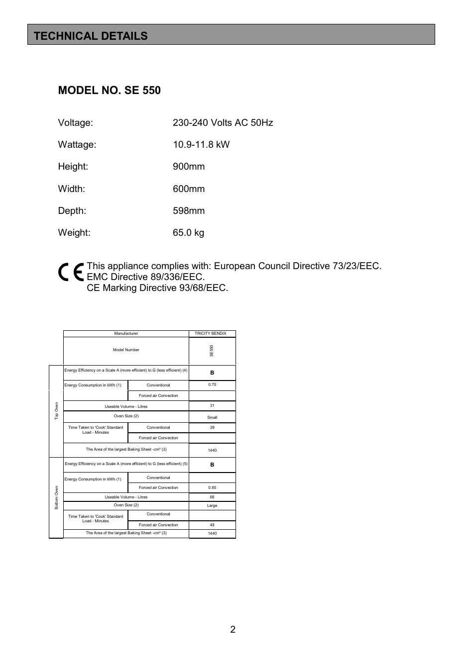 Model no. se 550, Technical details | Tricity Bendix SE550 User Manual | Page 2 / 32