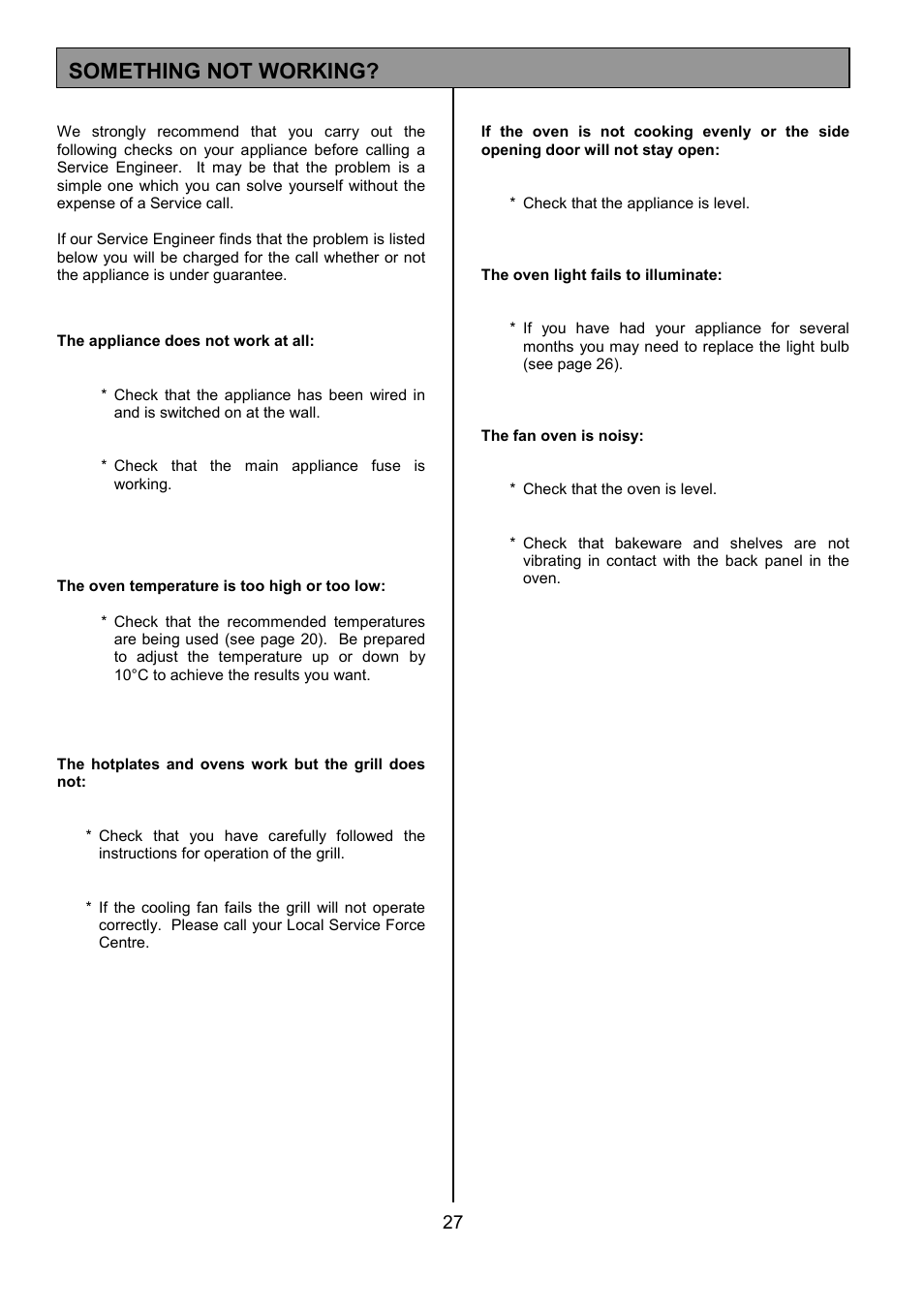 Something not working | Tricity Bendix SE550 User Manual | Page 27 / 32