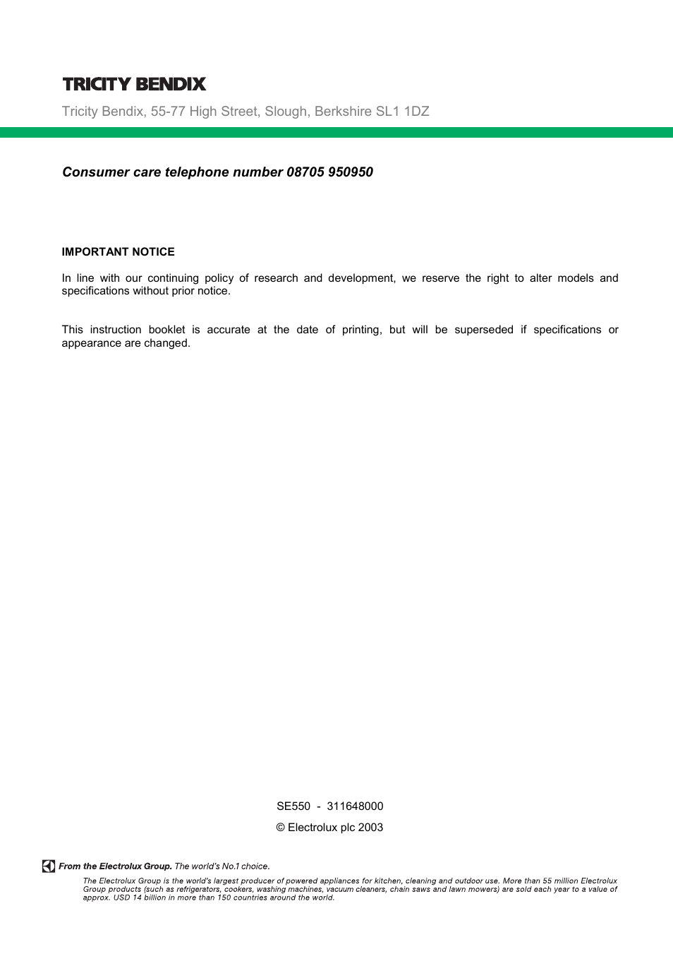 Tricity Bendix SE550 User Manual | Page 32 / 32
