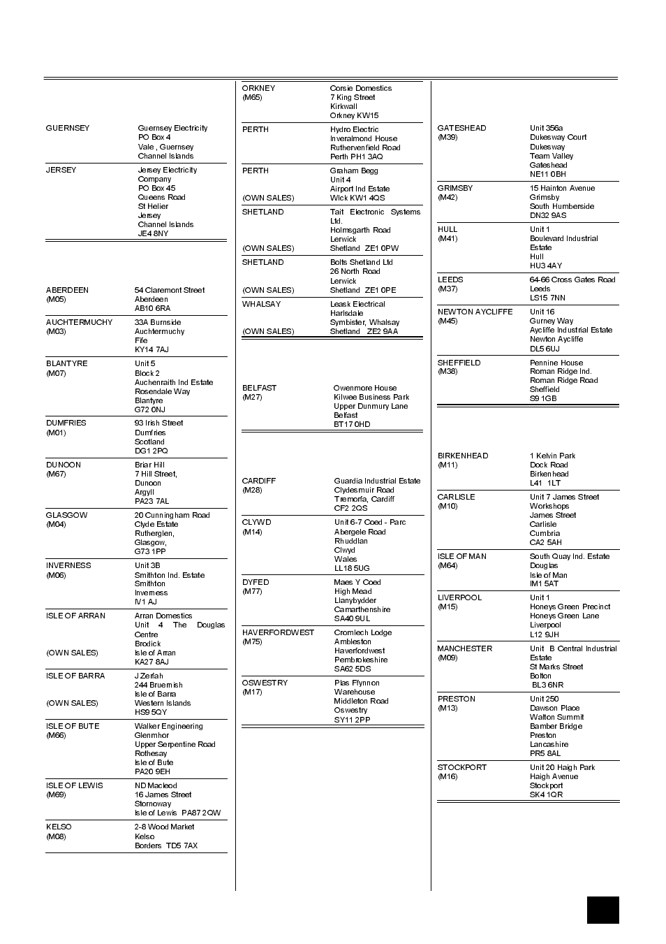 Tricity bendix service force, Channel islands, Scotland | Northern ireland, Wales, North east, North west | Tricity Bendix SI 055 User Manual | Page 25 / 28