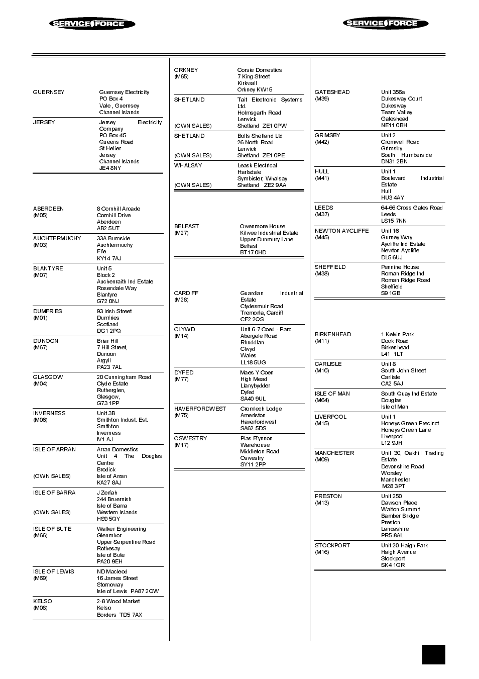 Tricity bendix service force, Channel islands, Scotland | Northern ireland, Wales, North east, North west | Tricity Bendix DSIE 343 User Manual | Page 29 / 32