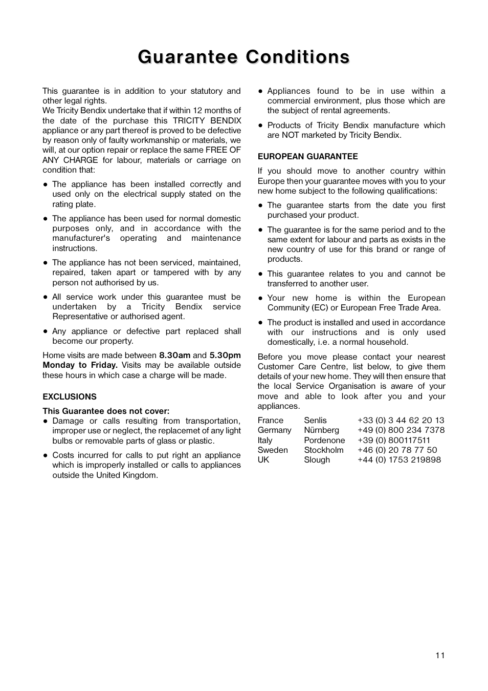 Guar, Guar ant ant ee conditions ee conditions | Tricity Bendix TB 60 L User Manual | Page 11 / 16