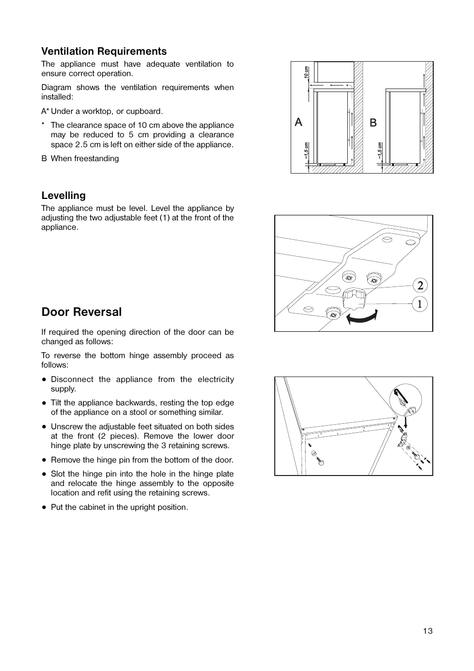 Door reversal, Ventilation requirements, Levelling | Tricity Bendix TB 60 L User Manual | Page 13 / 16