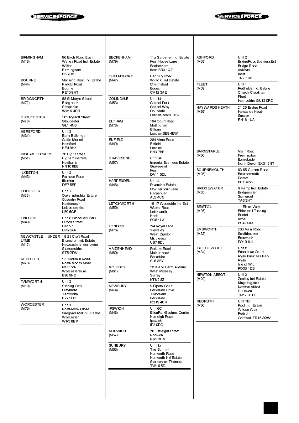 Tricity bendix service force, Midlands, London & east anglia | South east, South west | Tricity Bendix SIE 459 User Manual | Page 31 / 36