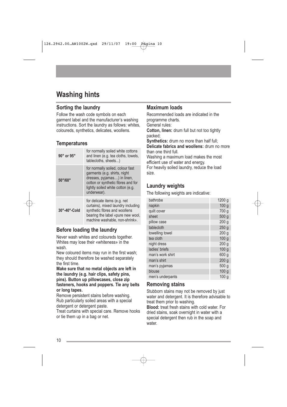 Washing hints, Sorting the laundry, Temperatures before loading the laundry | Maximum loads, Laundry weights, Removing stains | Tricity Bendix AW1002 W User Manual | Page 10 / 32