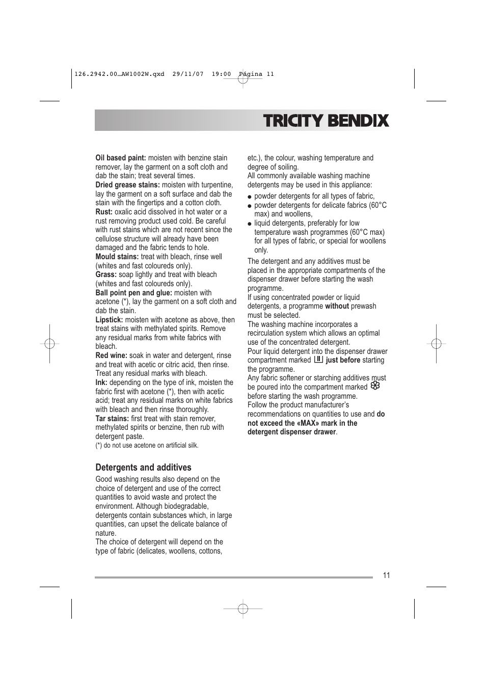 Detergents and additives | Tricity Bendix AW1002 W User Manual | Page 11 / 32
