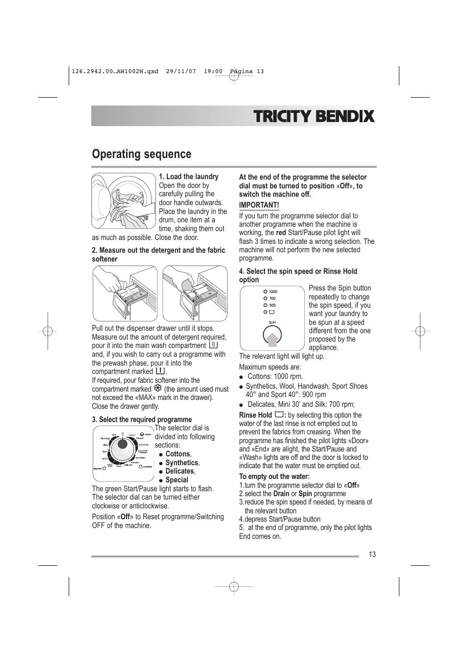 Operating sequence | Tricity Bendix AW1002 W User Manual | Page 13 / 32