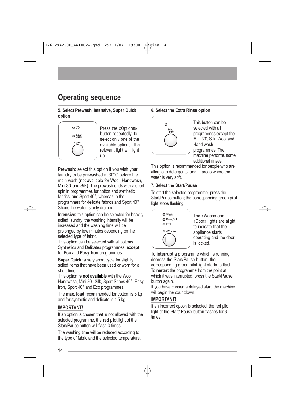 Operating sequence | Tricity Bendix AW1002 W User Manual | Page 14 / 32