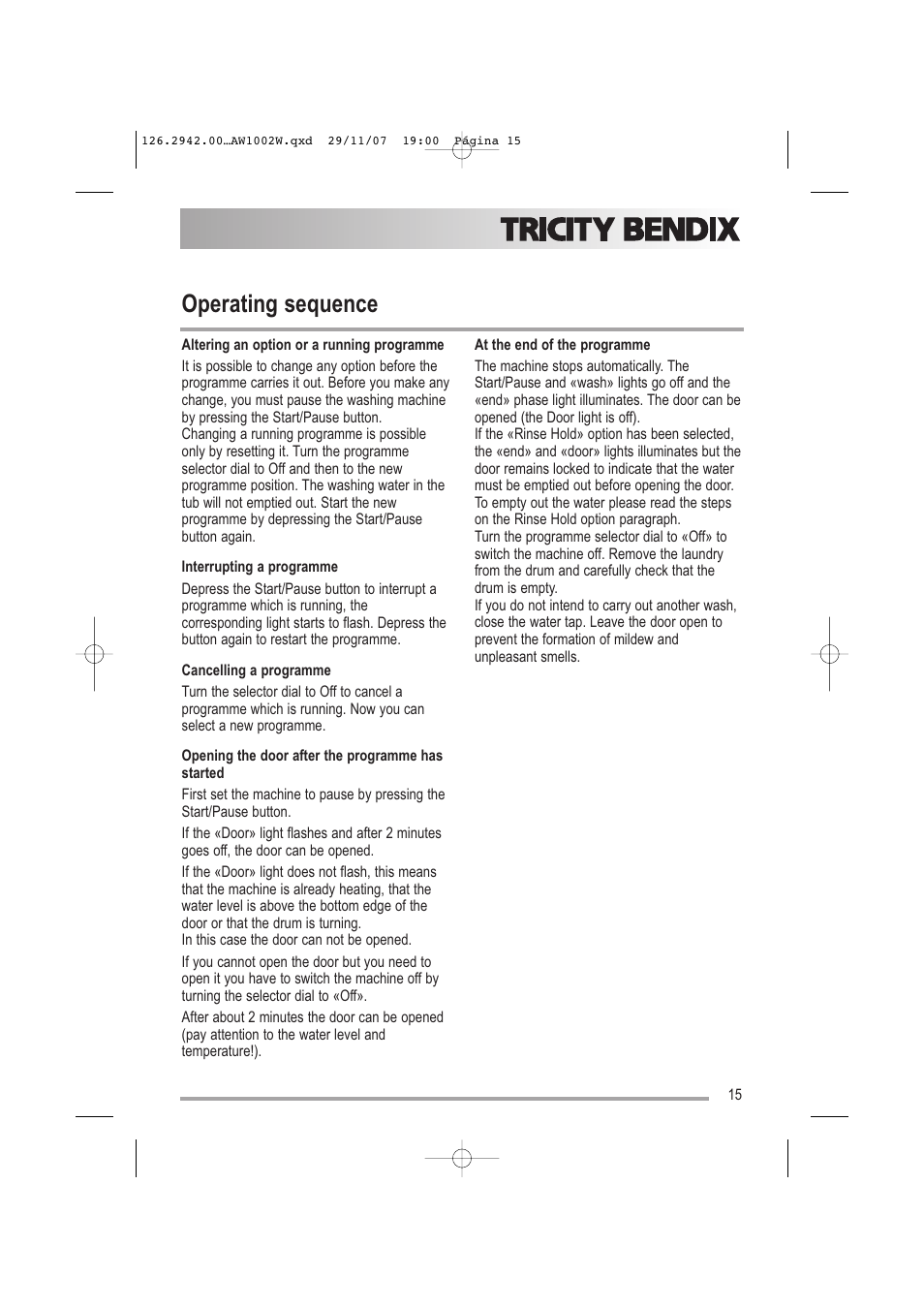 Operating sequence | Tricity Bendix AW1002 W User Manual | Page 15 / 32