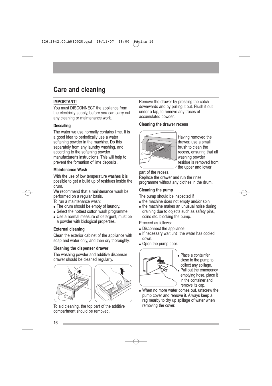 Care and cleaning | Tricity Bendix AW1002 W User Manual | Page 16 / 32