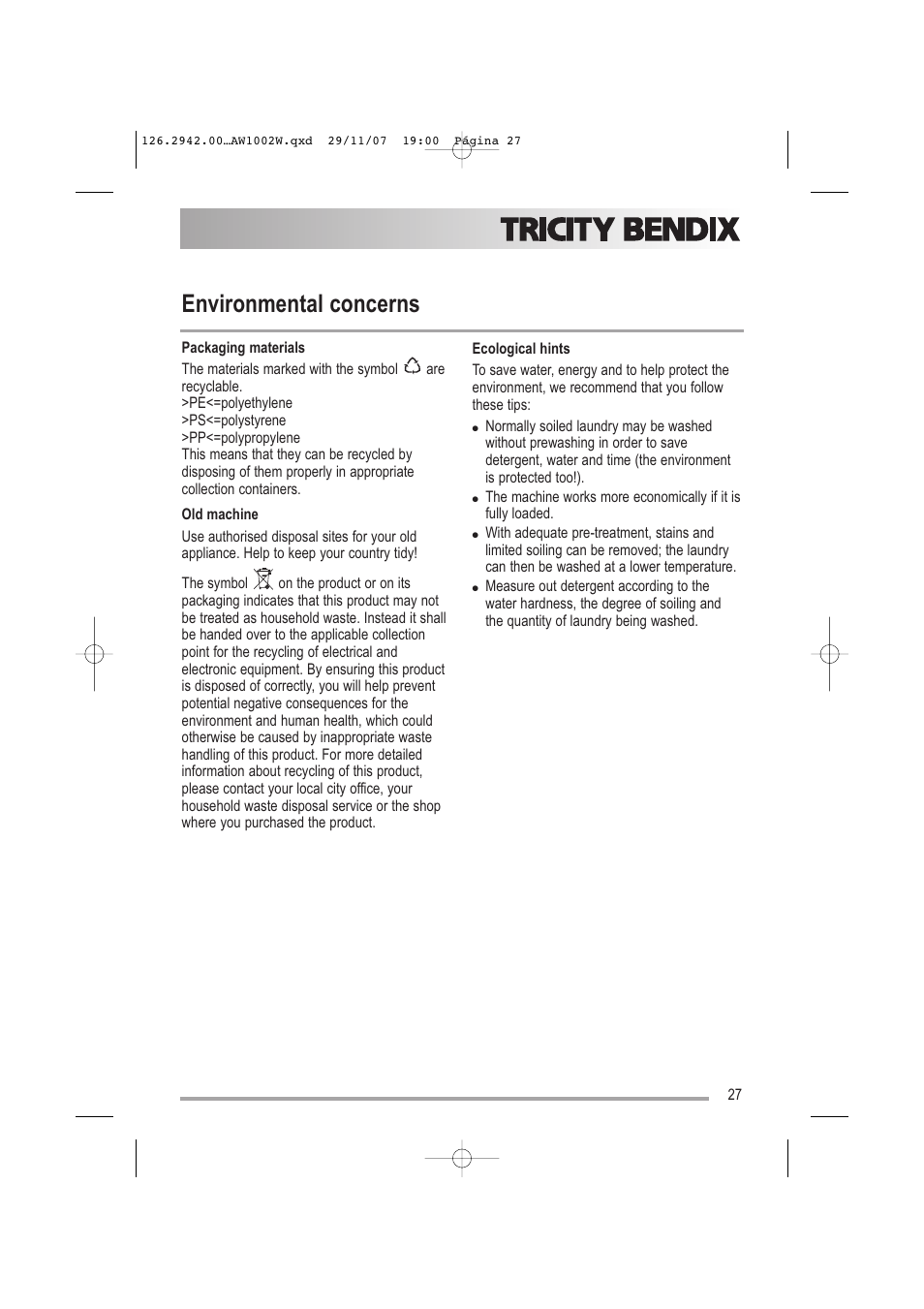 Environmental concerns | Tricity Bendix AW1002 W User Manual | Page 27 / 32