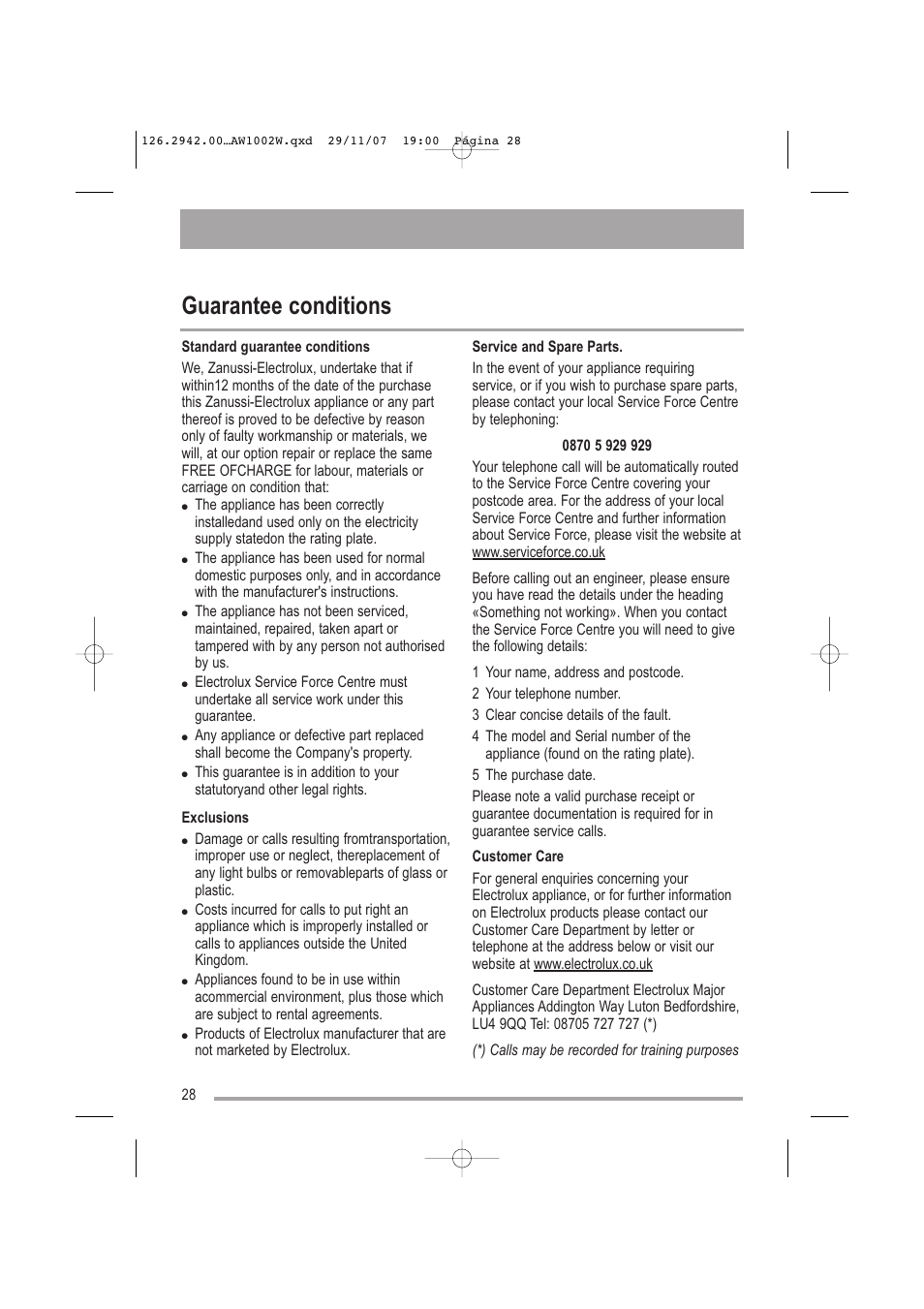 Guarantee conditions | Tricity Bendix AW1002 W User Manual | Page 28 / 32