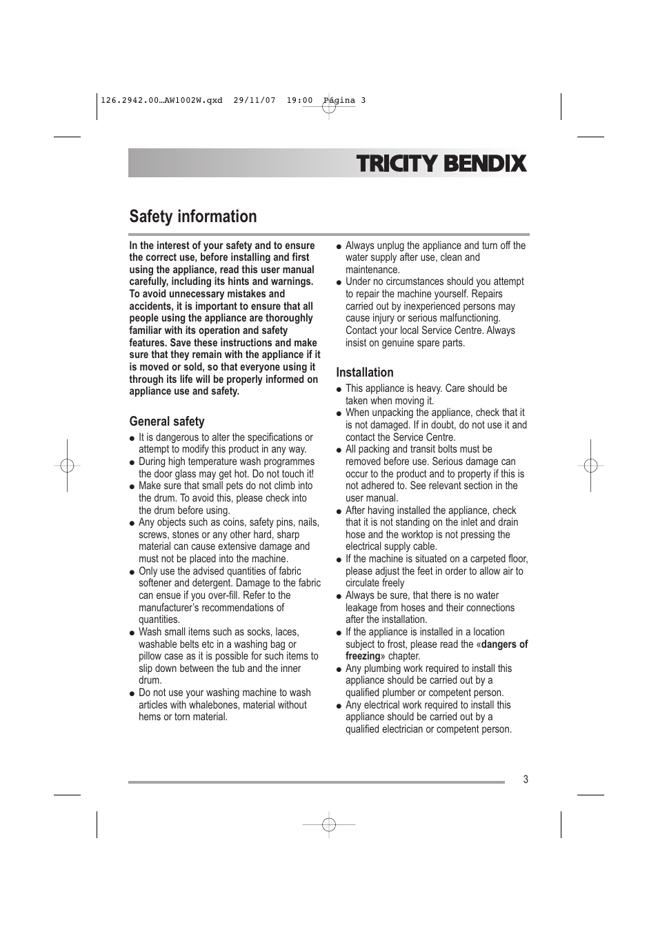 Safety information, General safety, Installation | Tricity Bendix AW1002 W User Manual | Page 3 / 32