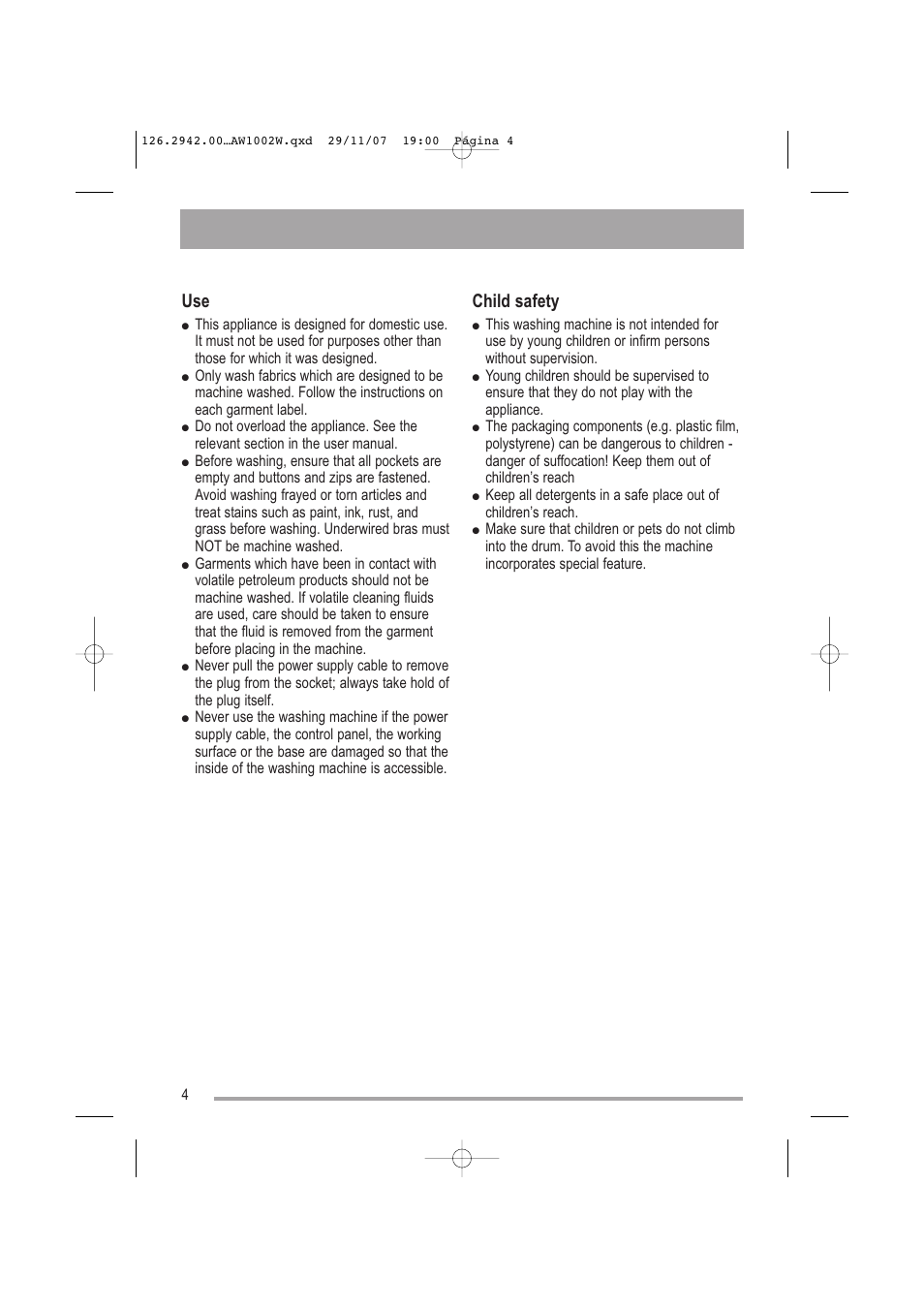 Child safety | Tricity Bendix AW1002 W User Manual | Page 4 / 32