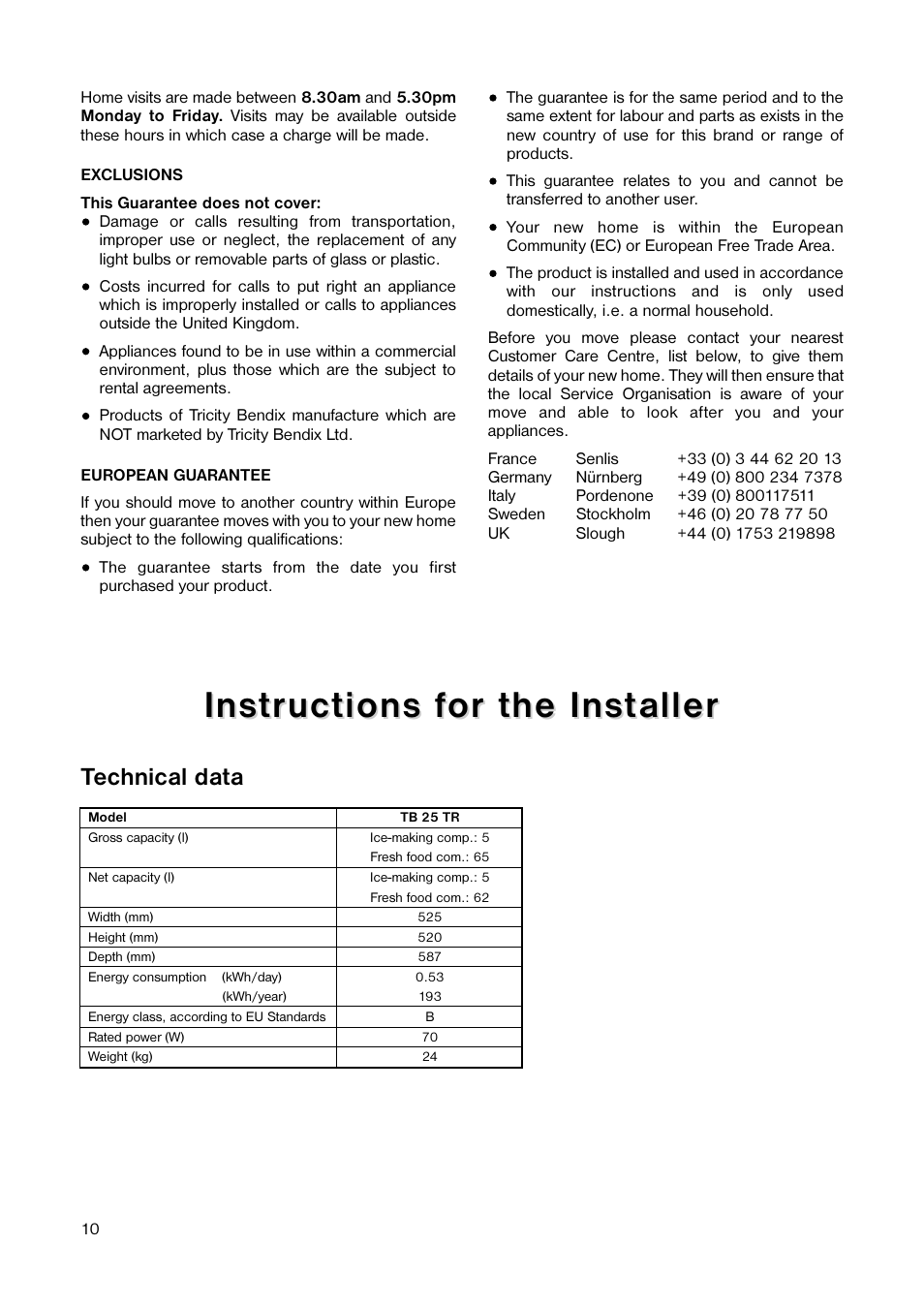 Technical data | Tricity Bendix TB 25 TR User Manual | Page 10 / 16