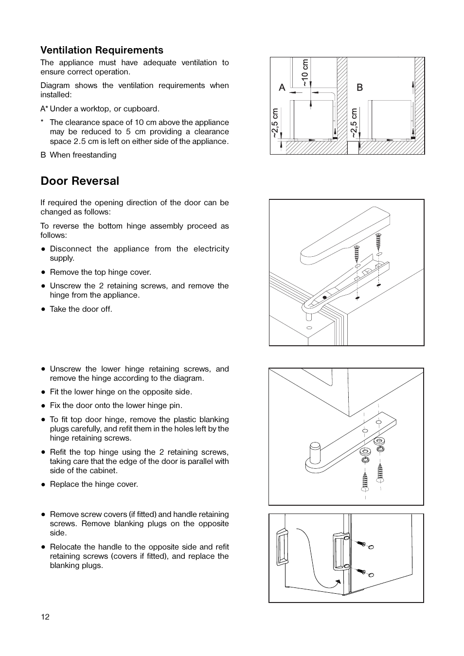 Door reversal, Ventilation requirements | Tricity Bendix TB 25 TR User Manual | Page 12 / 16