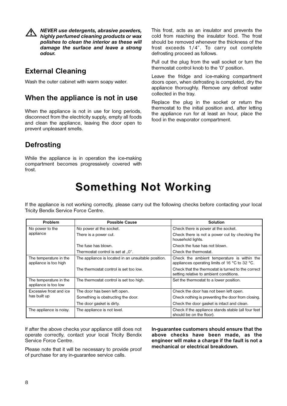 Some, External cleaning, When the appliance is not in use | Defrosting | Tricity Bendix TB 25 TR User Manual | Page 8 / 16