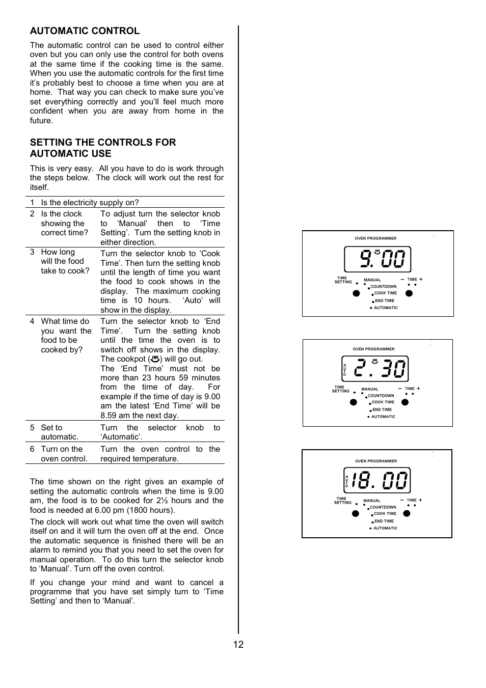 12 automatic control, Setting the controls for automatic use | Tricity Bendix CSIE452 User Manual | Page 12 / 32