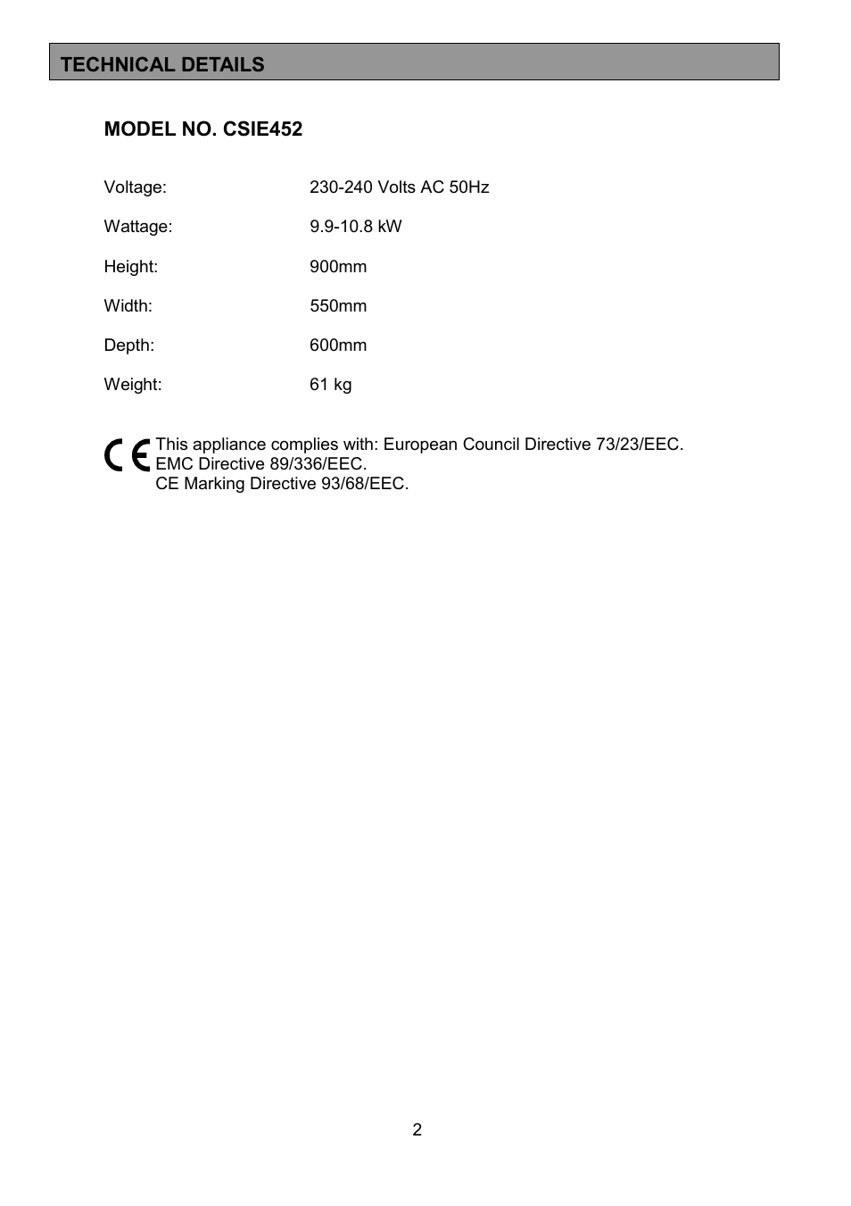 Tricity Bendix CSIE452 User Manual | Page 2 / 32