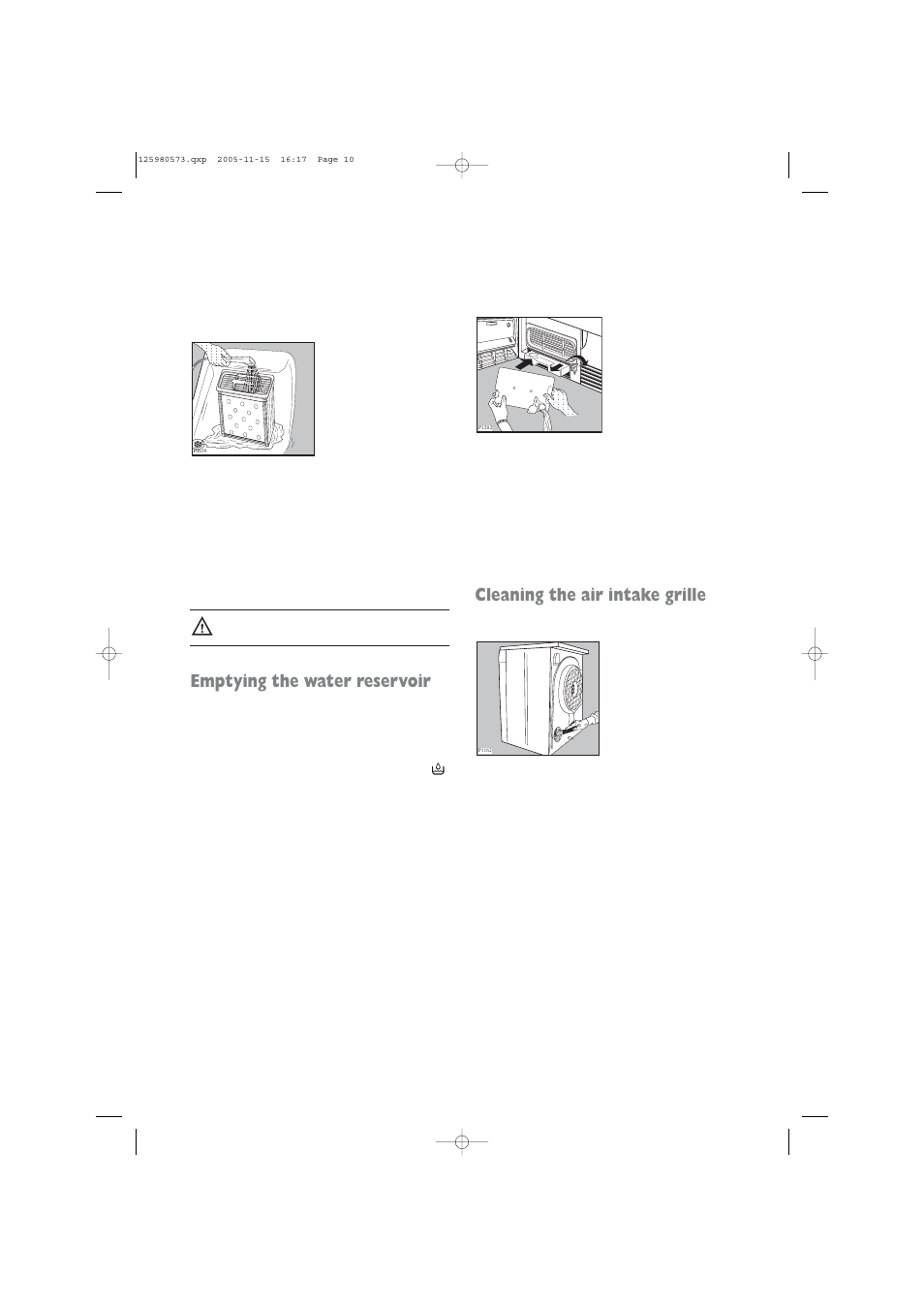 Emptying the water reservoir, Cleaning the air intake grille | Tricity Bendix TM 320 W User Manual | Page 10 / 16