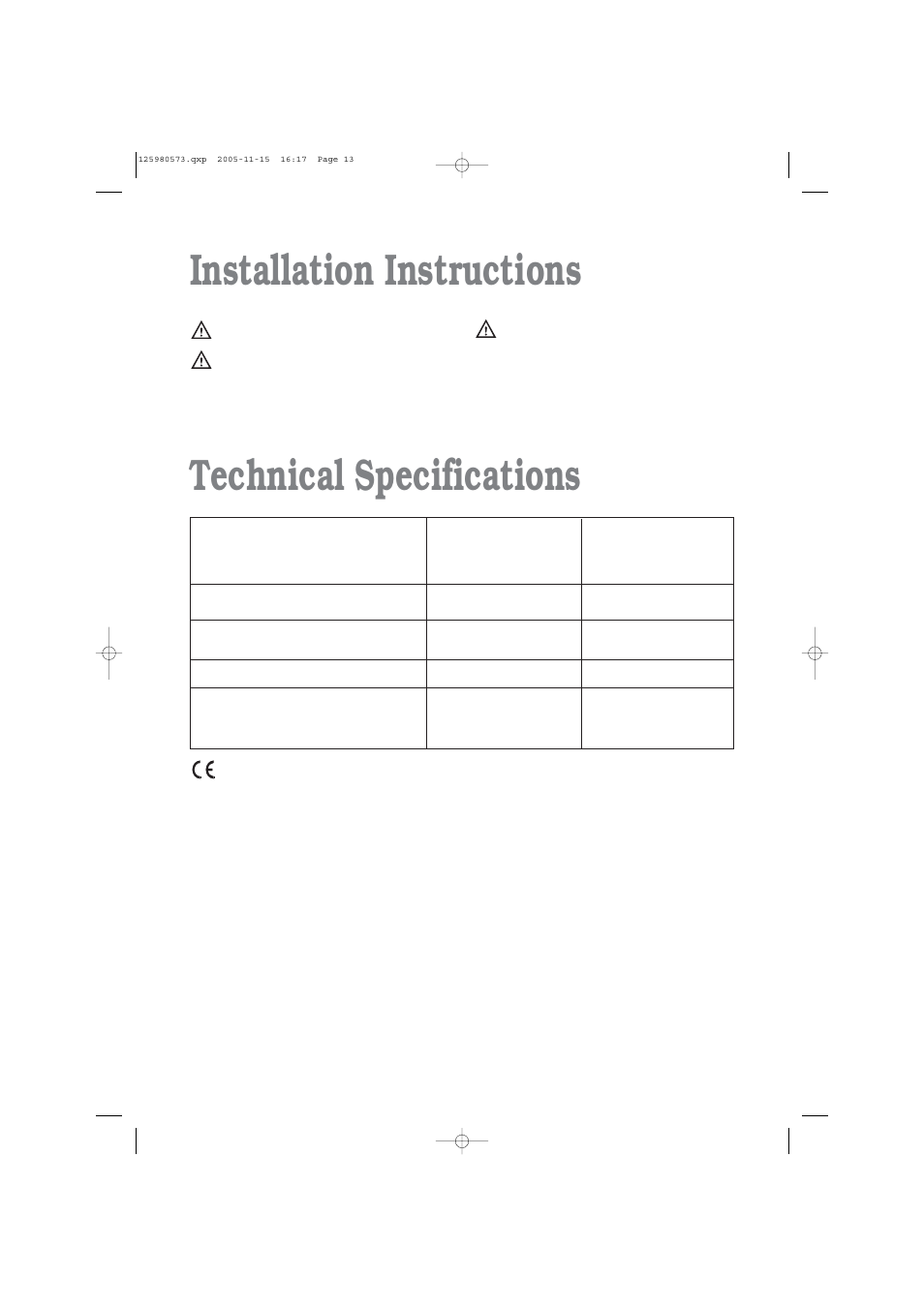 Installation instructions technical specifications | Tricity Bendix TM 320 W User Manual | Page 13 / 16