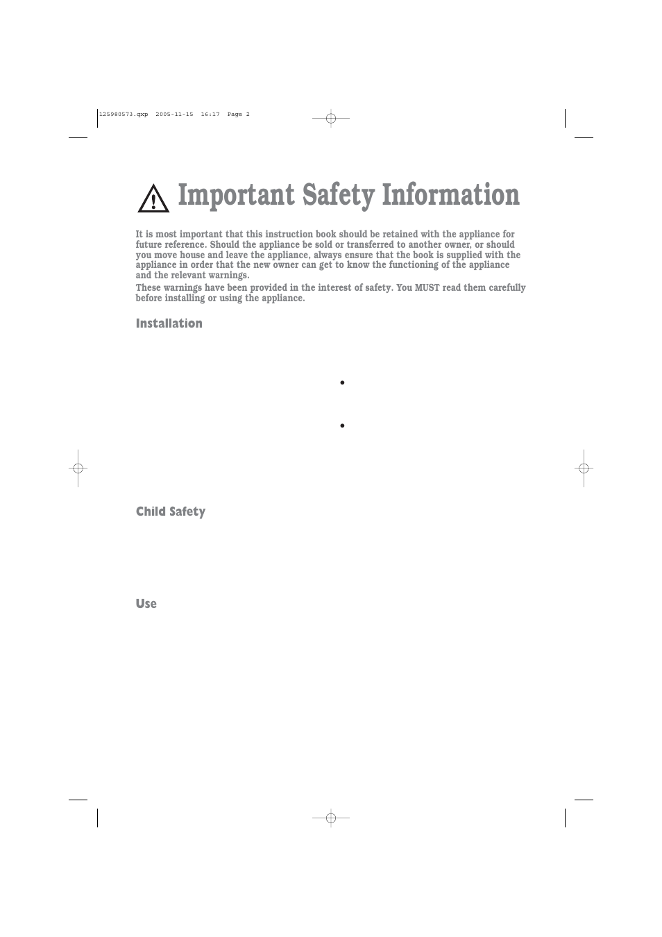 Important safety information, Installation, Child safety | Tricity Bendix TM 320 W User Manual | Page 2 / 16