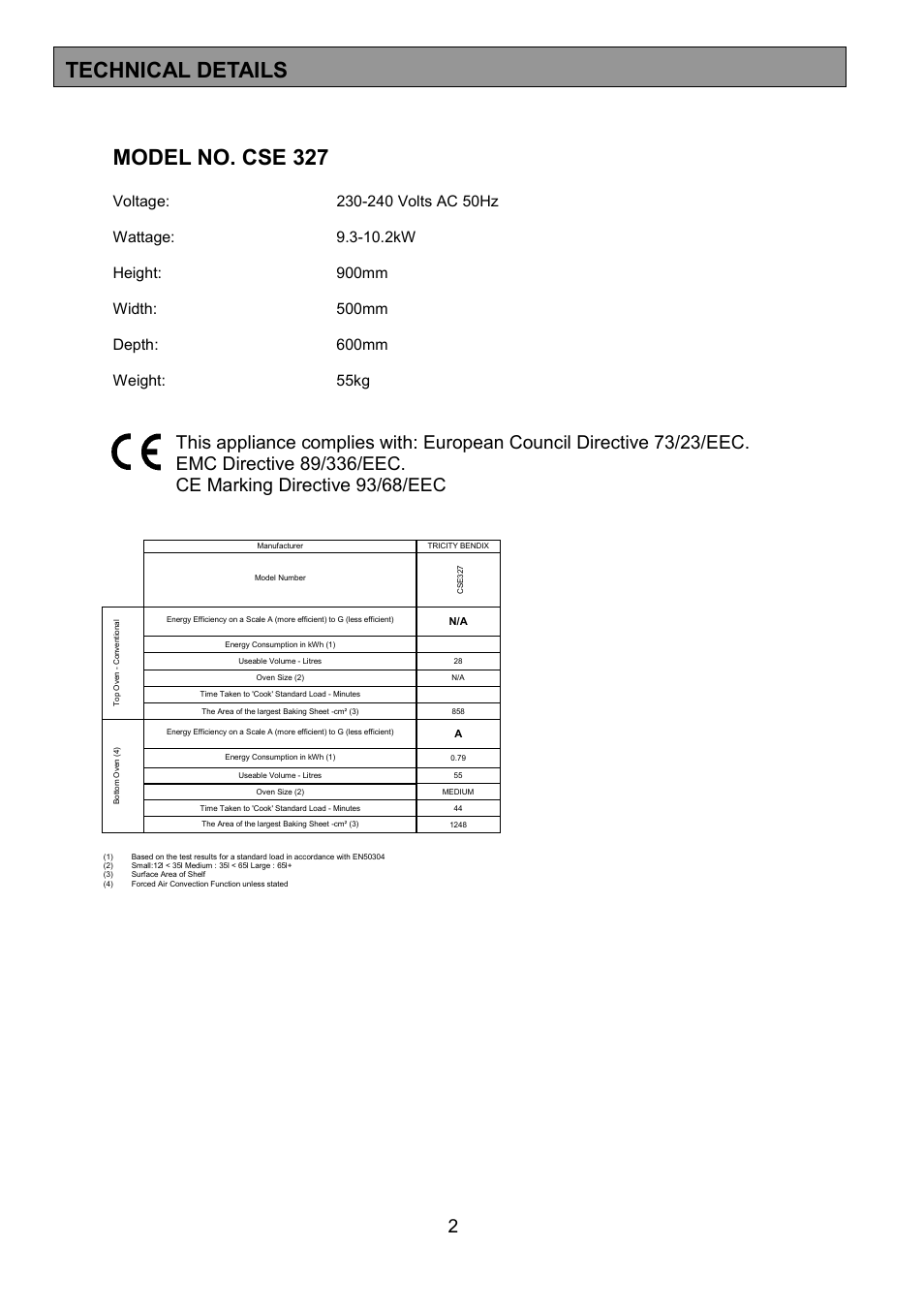 Model no. cse 327, Technical details | Tricity Bendix CSE327 User Manual | Page 2 / 28