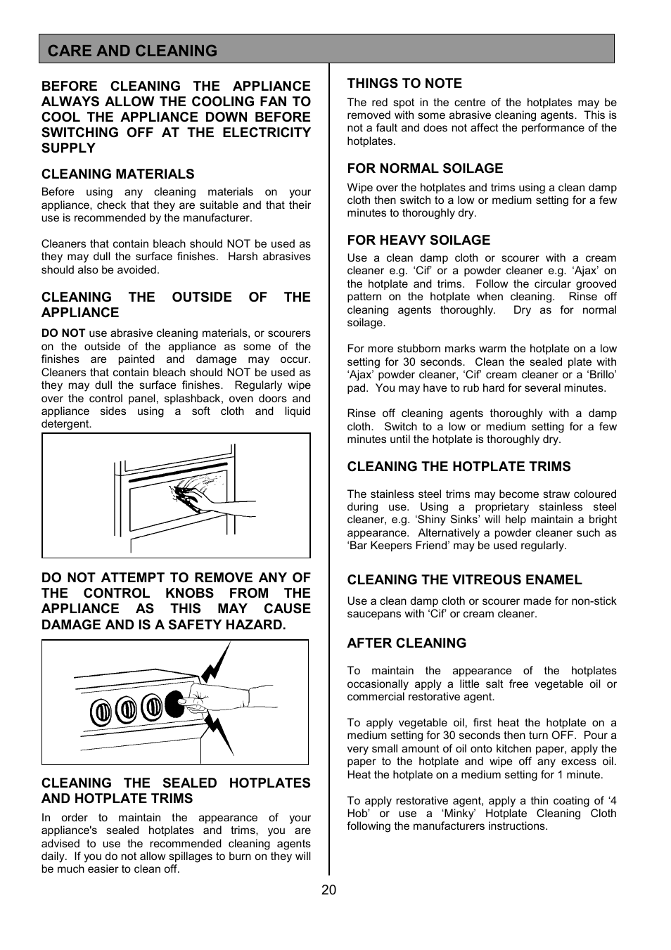 Care and cleaning | Tricity Bendix CSE327 User Manual | Page 20 / 28