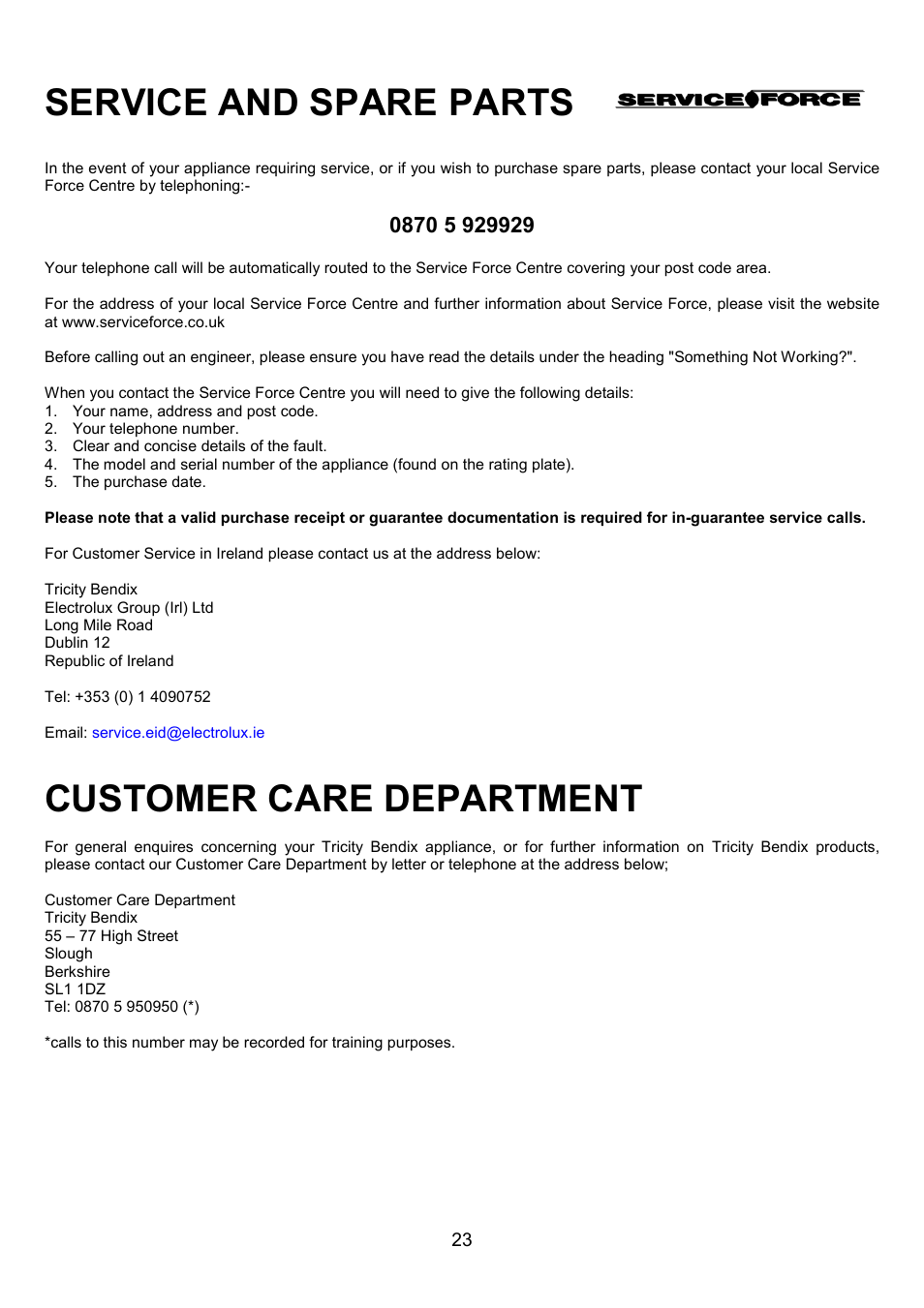 Service and spare parts, Customer care department | Tricity Bendix CSE327 User Manual | Page 23 / 28