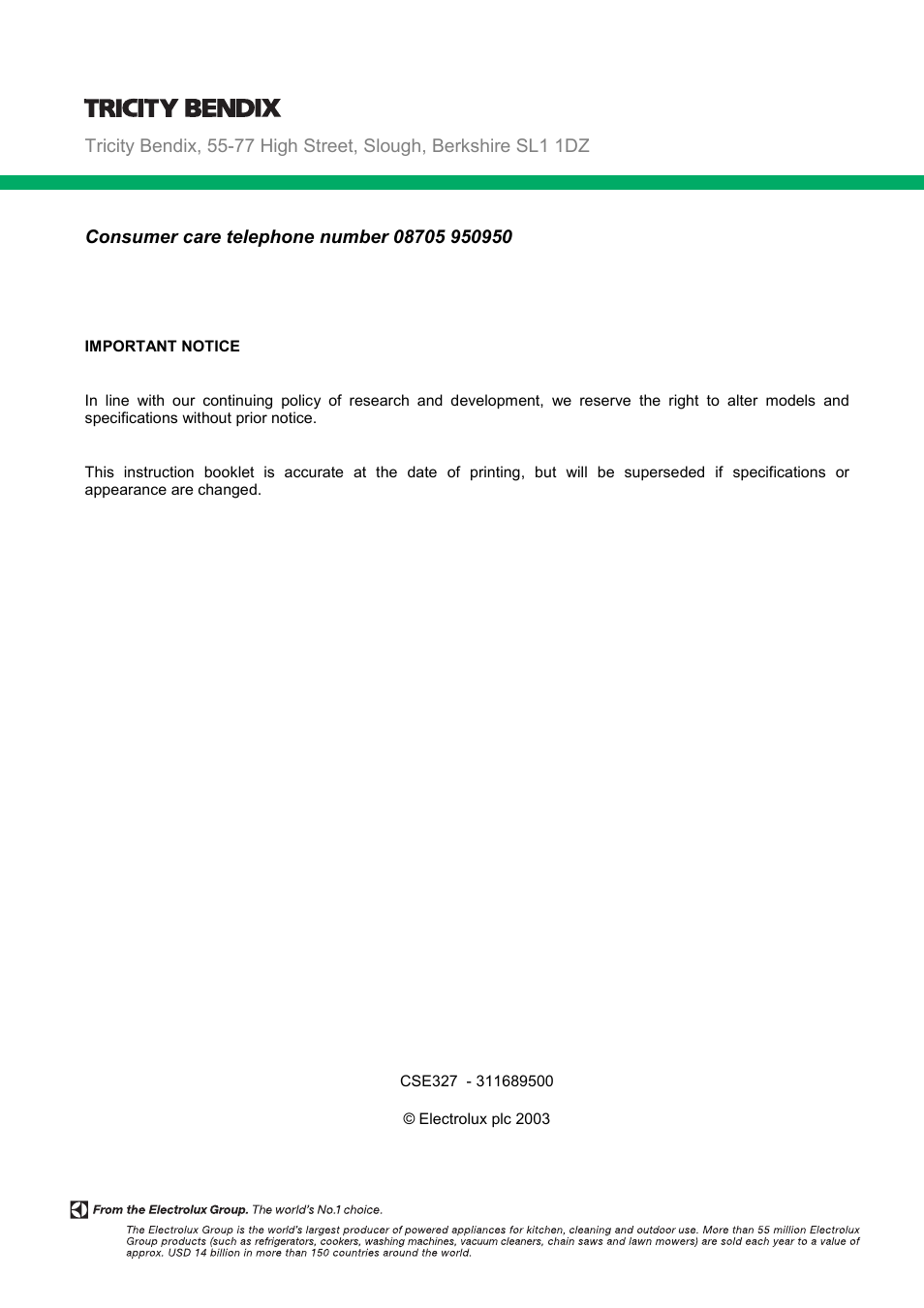 Tricity Bendix CSE327 User Manual | Page 28 / 28