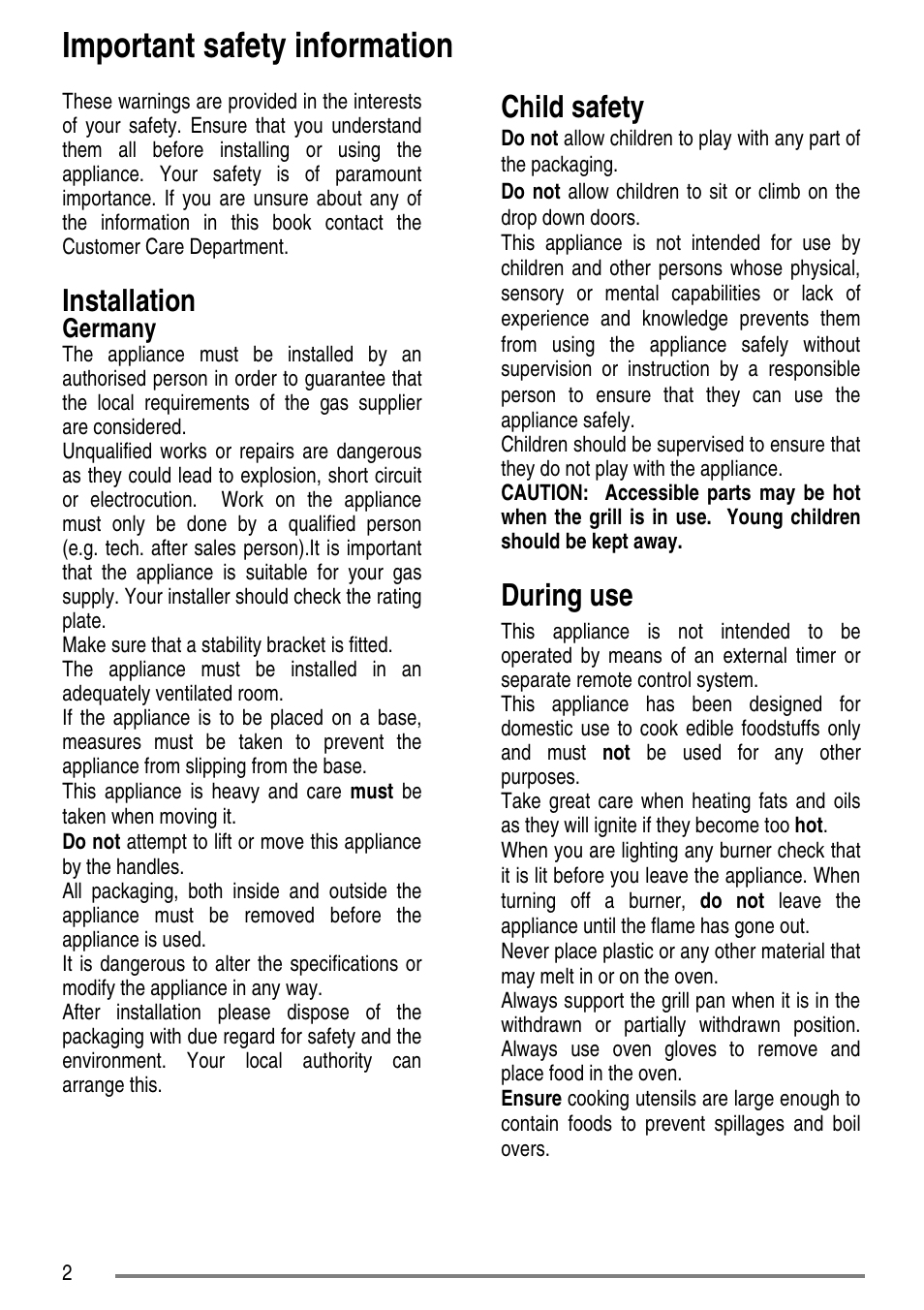 Important safety information, Installation, Child safety | During use, Germany | Tricity Bendix SG552D User Manual | Page 2 / 36