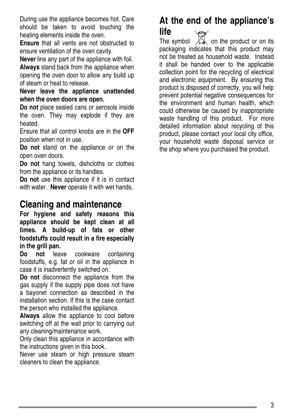 Cleaning and maintenance, At the end of the appliance’s life | Tricity Bendix SG552D User Manual | Page 3 / 36