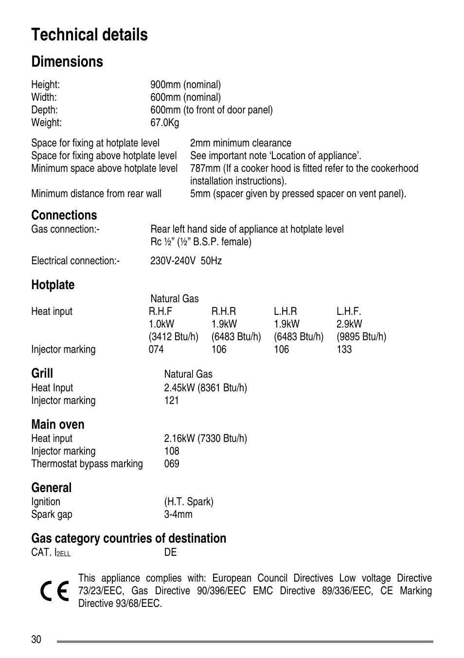 Technical details, Dimensions, Connections | Hotplate, Grill, Main oven, General, Gas category countries of destination | Tricity Bendix SG552D User Manual | Page 30 / 36