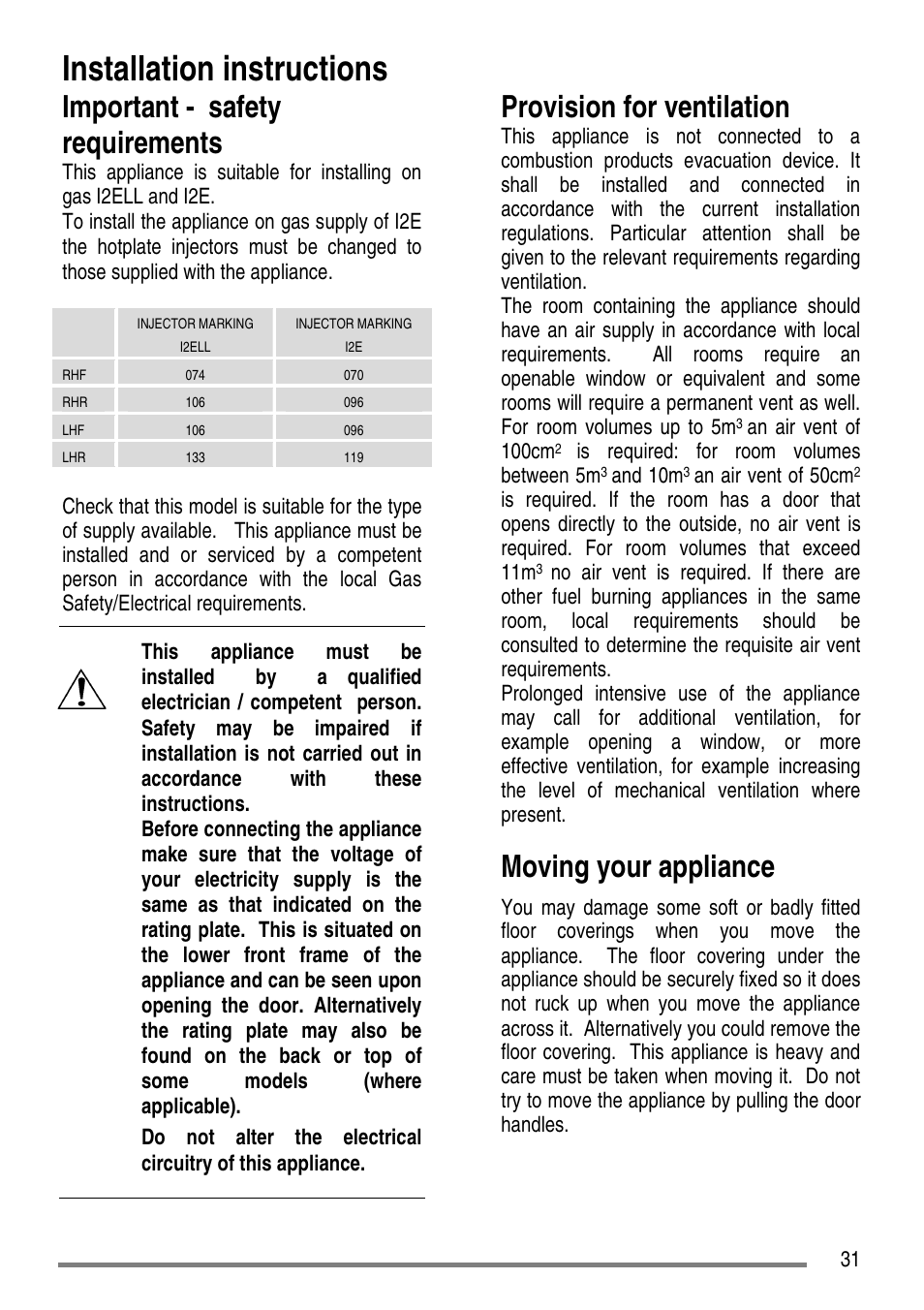 Installation instructions, Important - safety requirements, Provision for ventilation | Moving your appliance | Tricity Bendix SG552D User Manual | Page 31 / 36