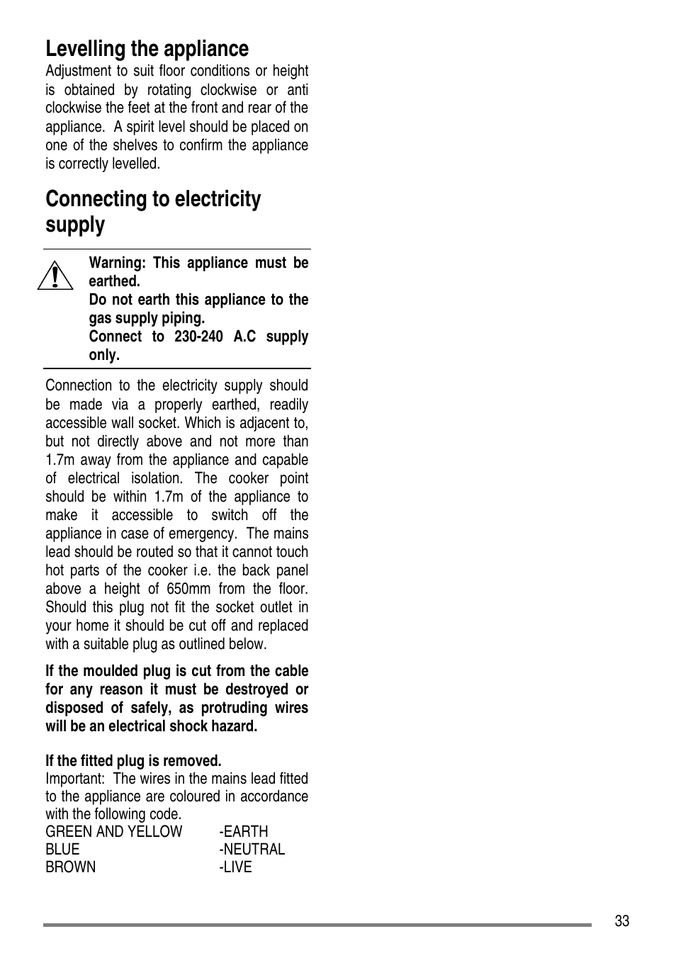 Levelling the appliance, Connecting to electricity supply | Tricity Bendix SG552D User Manual | Page 33 / 36
