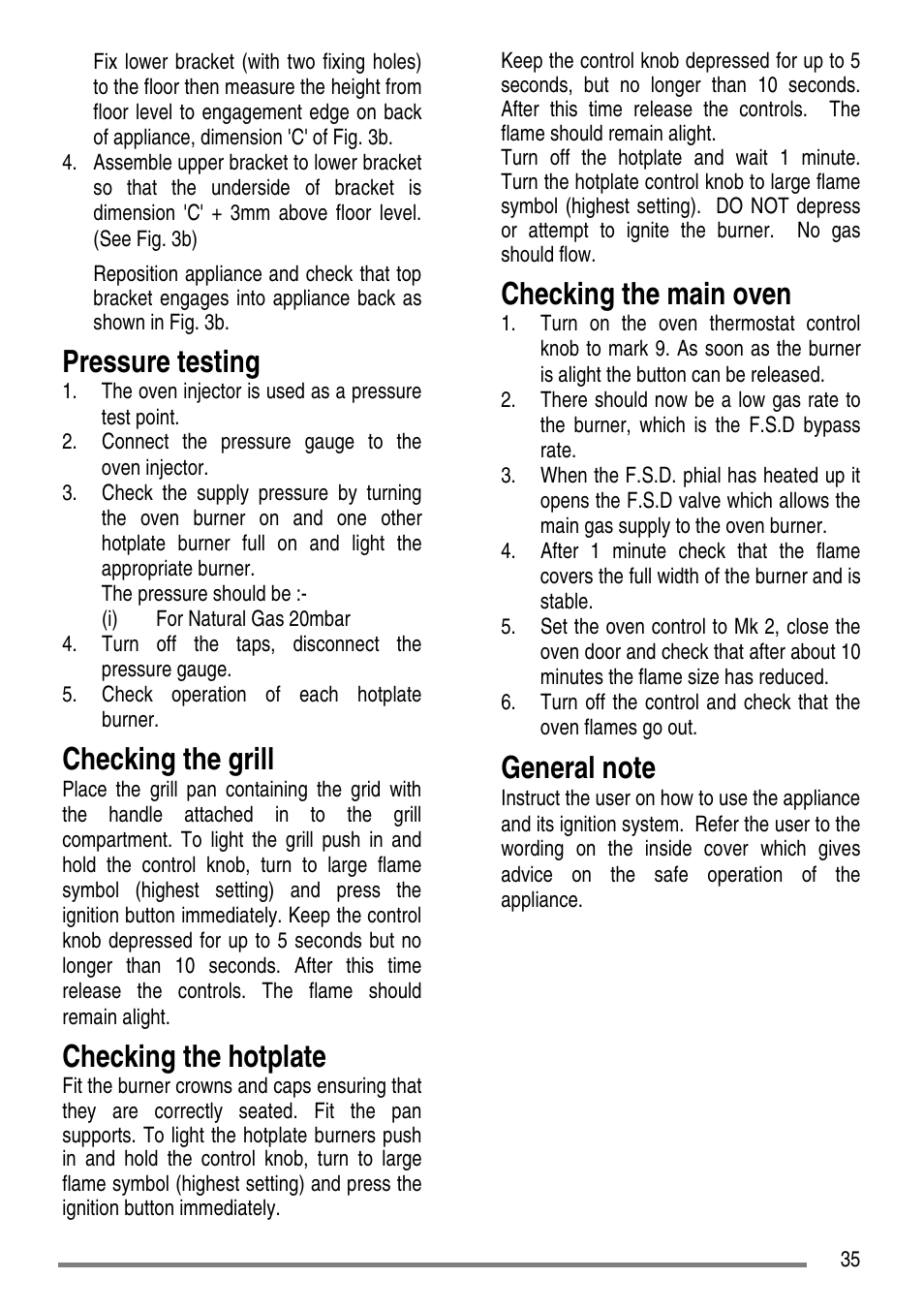 Pressure testing, Checking the grill, Checking the hotplate | Checking the main oven | Tricity Bendix SG552D User Manual | Page 35 / 36