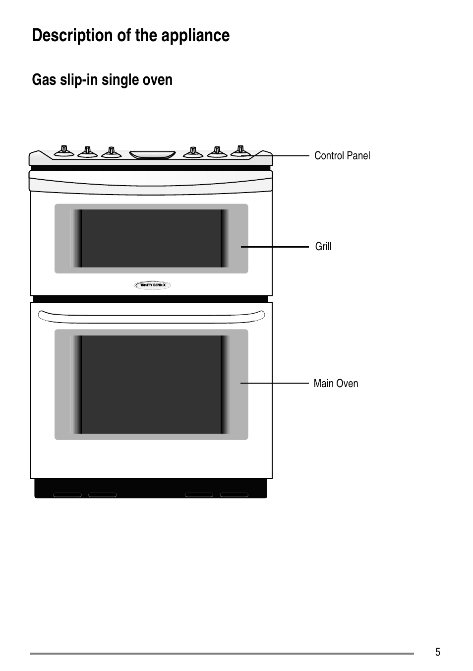 Description of the appliance, Gas slip-in single oven | Tricity Bendix SG552D User Manual | Page 5 / 36