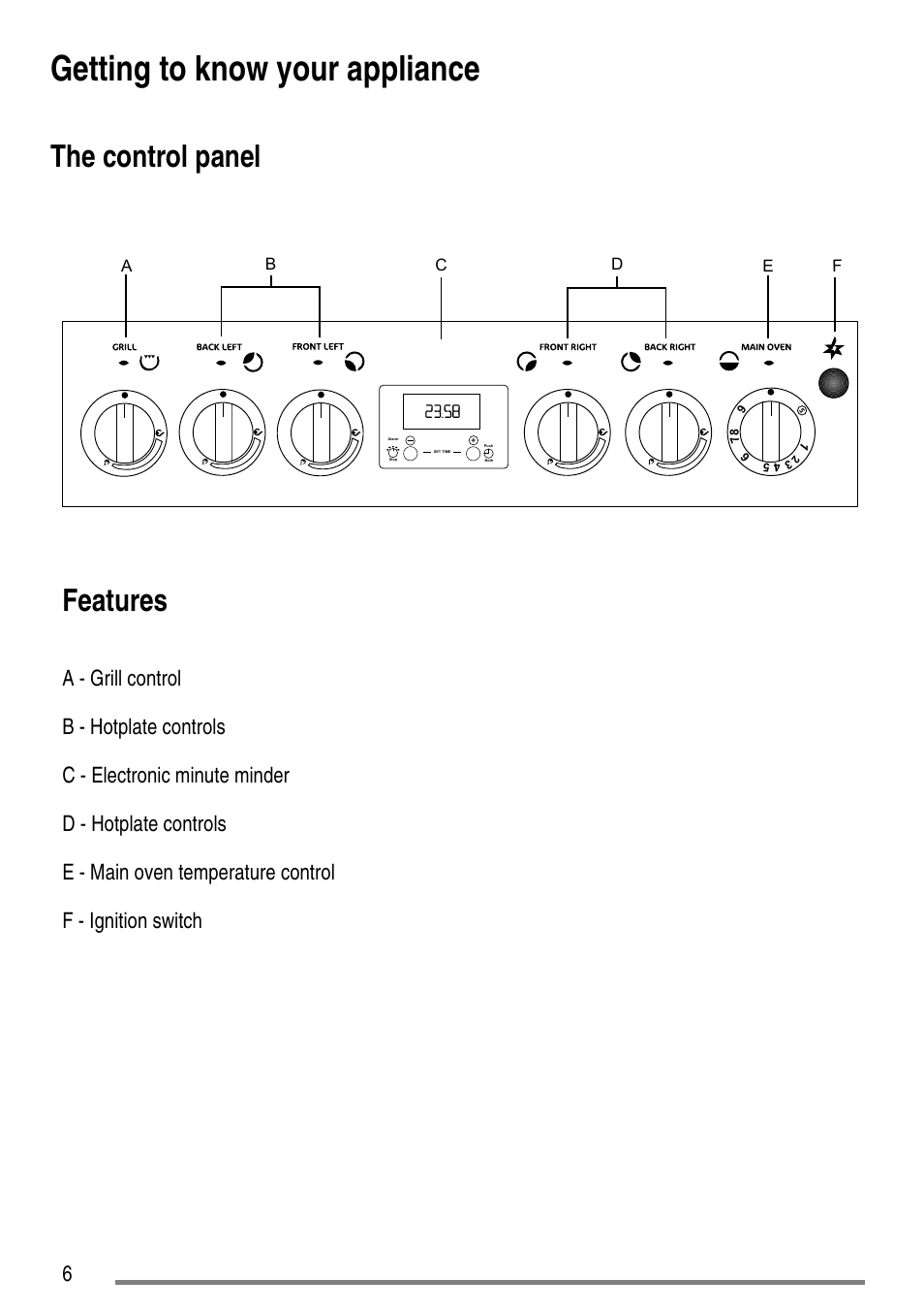 Getting to know your appliance, The control panel, Features | Tricity Bendix SG552D User Manual | Page 6 / 36
