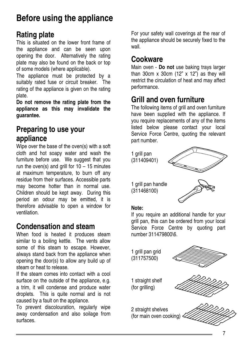 Before using the appliance, Rating plate, Preparing to use your appliance | Condensation and steam, Cookware, Grill and oven furniture | Tricity Bendix SG552D User Manual | Page 7 / 36
