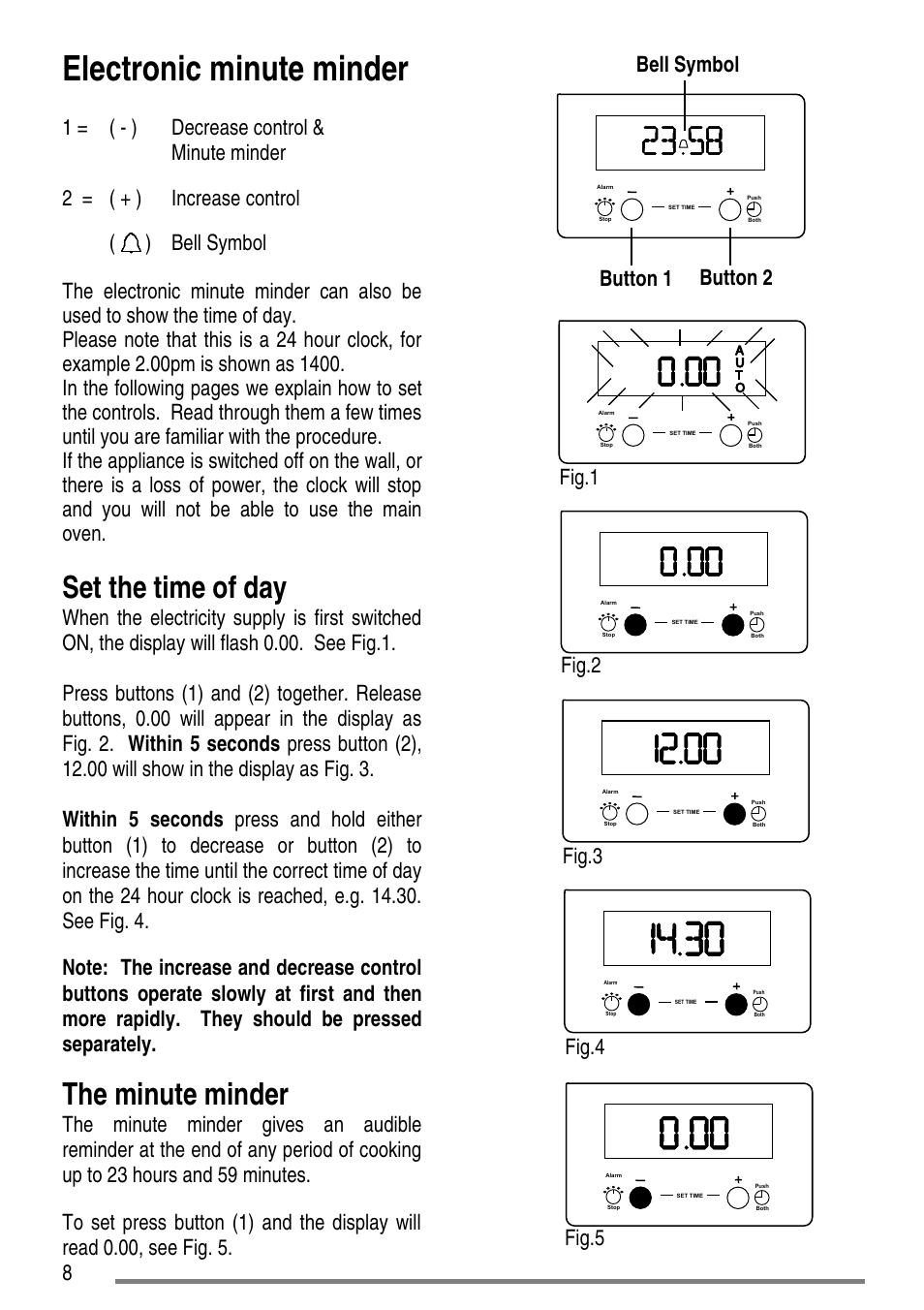 Electronic minute minder, Set the time of day, The minute minder | 1 = ( - ) decrease control & minute minder, 2 = ( + ) increase control, Button 2 button 1 bell symbol, Fig.1, Fig.2, Fig.3, Fig.4 | Tricity Bendix SG552D User Manual | Page 8 / 36