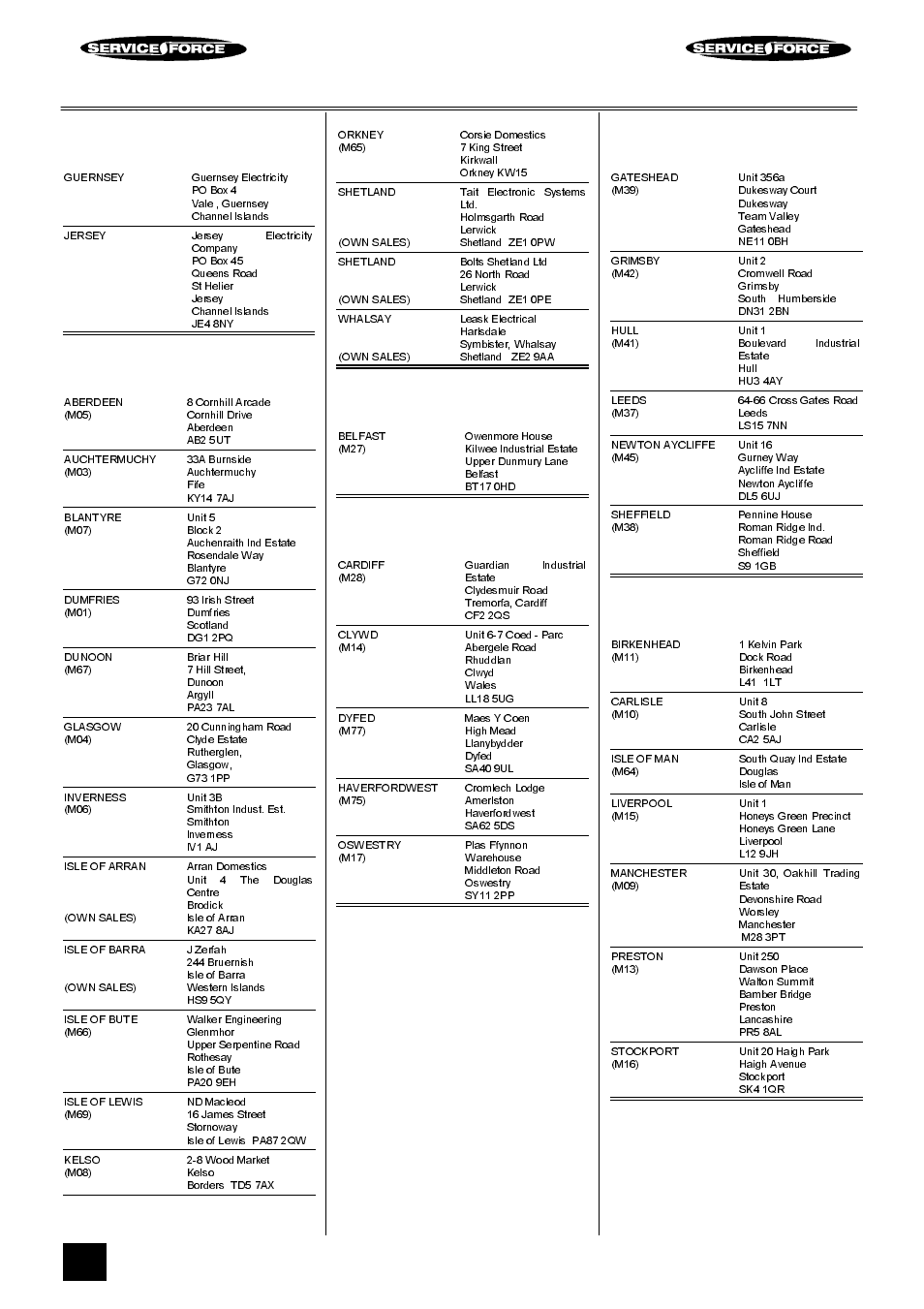 Tricity bendix service force, Channel islands, Scotland | Northern ireland, Wales, North east, North west | Tricity Bendix BS 631 User Manual | Page 48 / 52